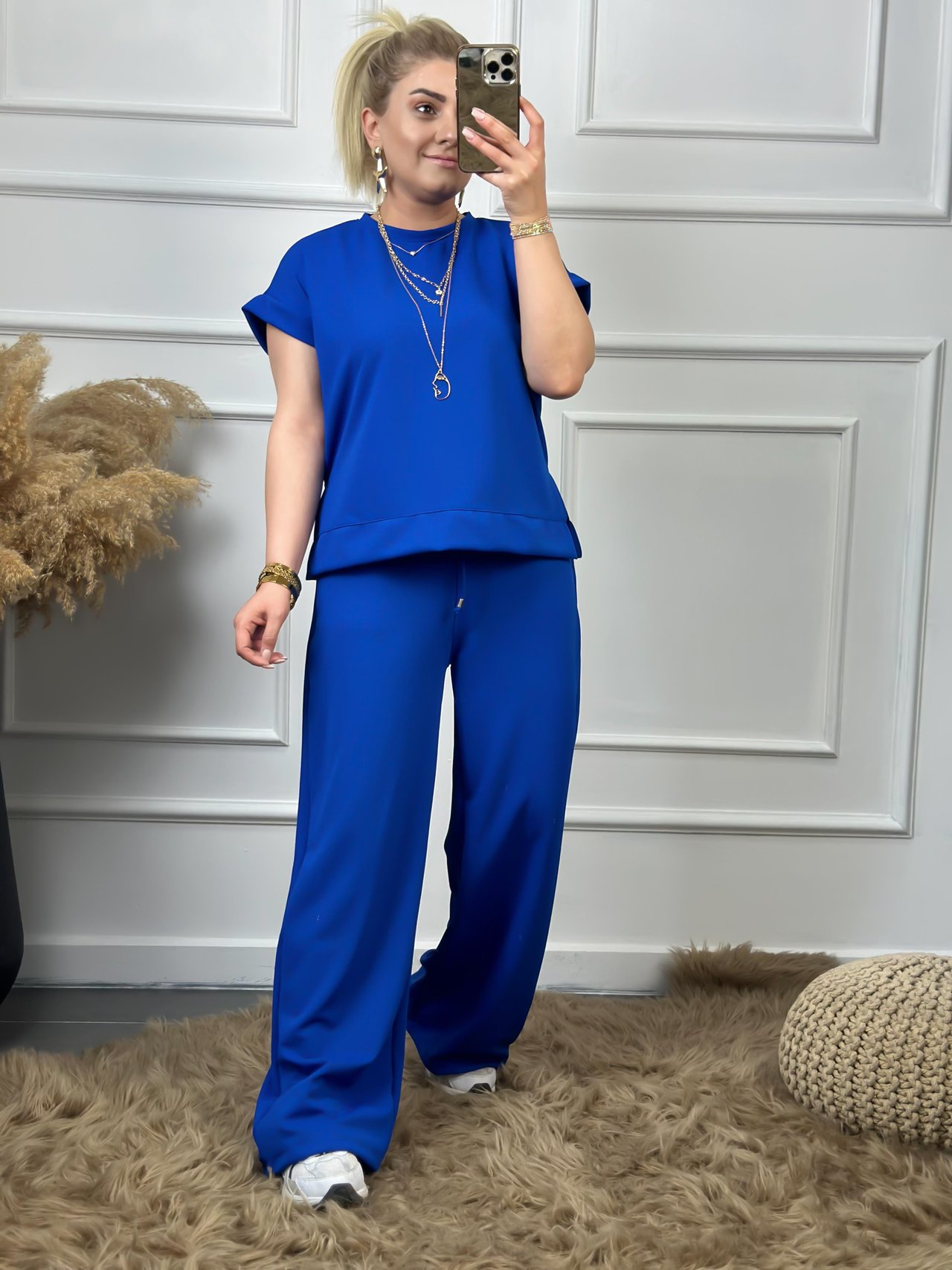 Yanları Yırtmaçlı Likralı Bol Paça Pantolon Bluz Takım SAKS-23YUST000048