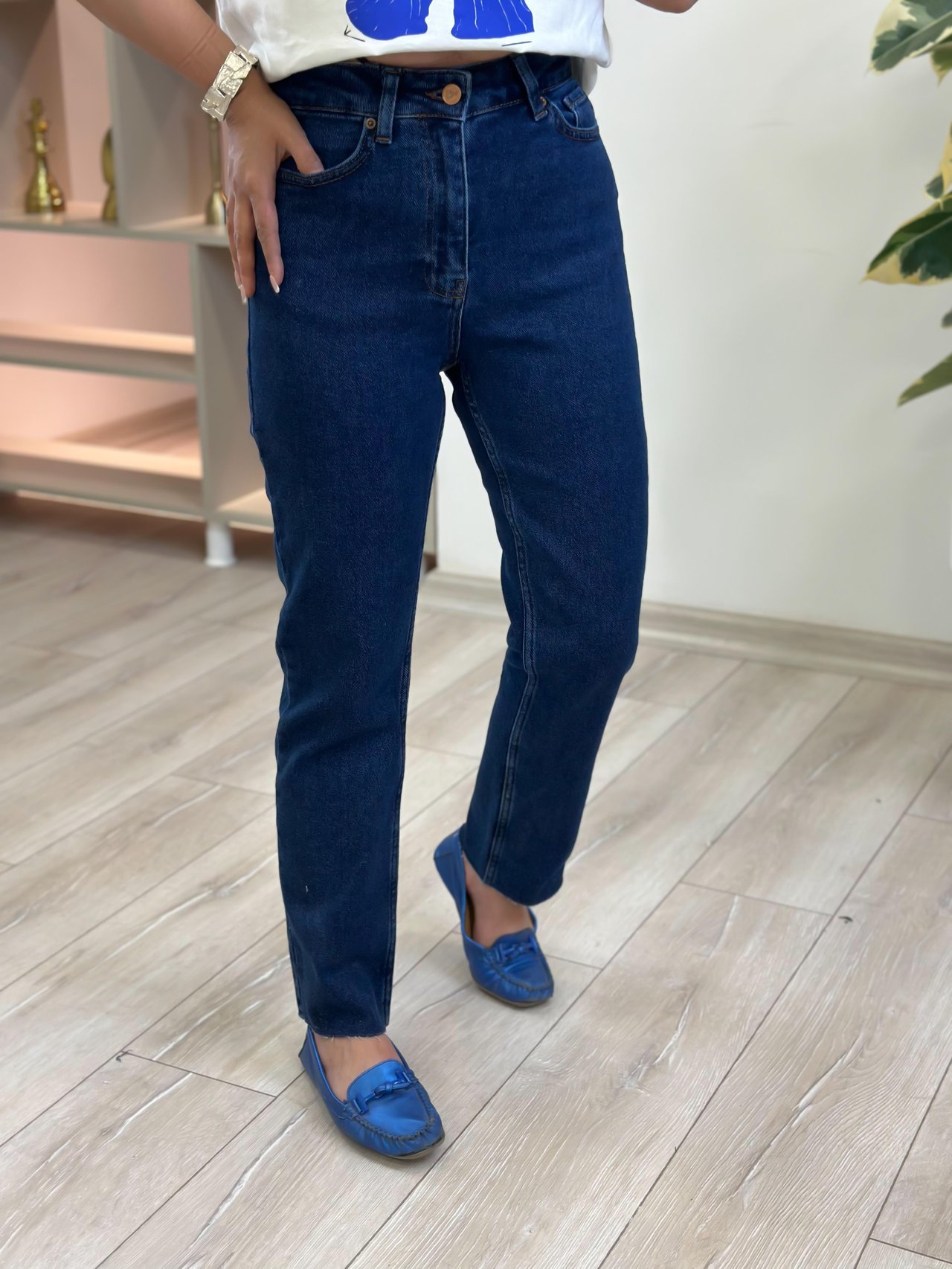 Yüksek Bel Likralı Toparlayıcı Paçası Kesik Fit Mom Jean KOYU MAVİ-23MeALT00090