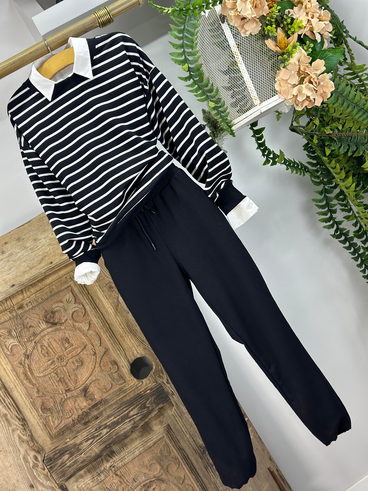 Çizgi Desen İki İplik Dokuma Rahat Kalıp Sweatshirt