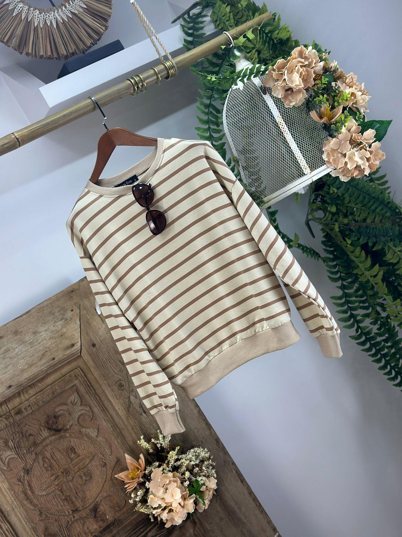 Çizgi Desen İki İplik Dokuma Rahat Kalıp Sweatshirt