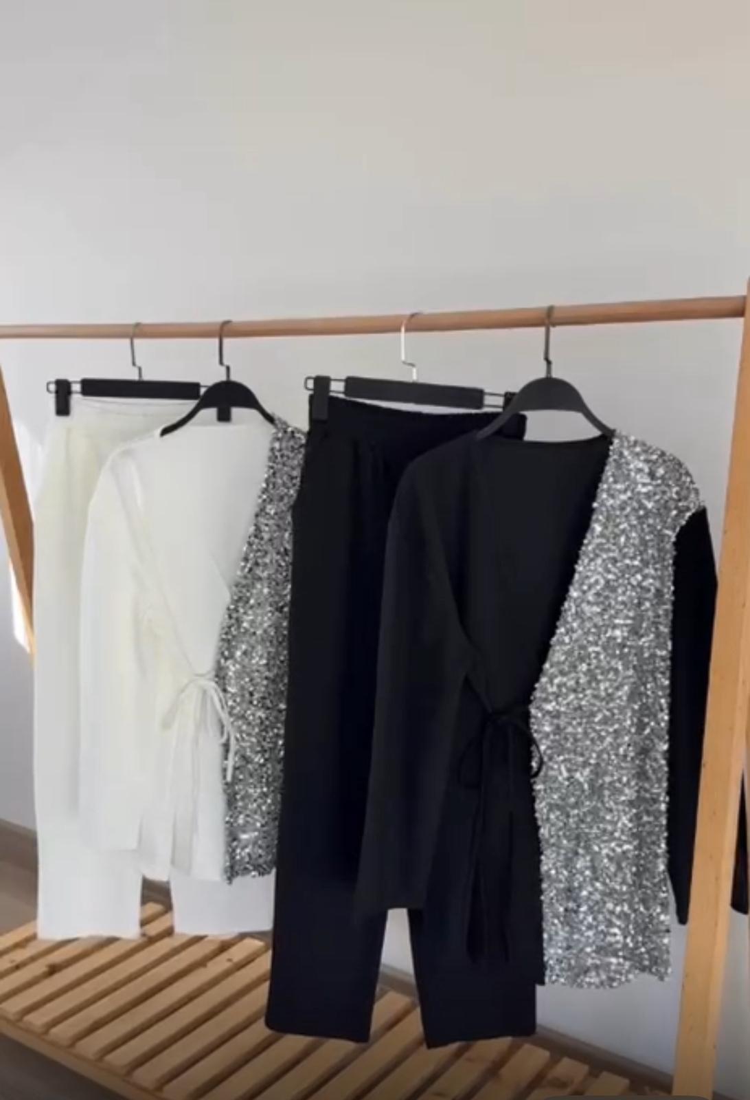 Crep Kumaş Payet Detaylı Kimano ve Rahat Pantolon İkili Takım Beyaz