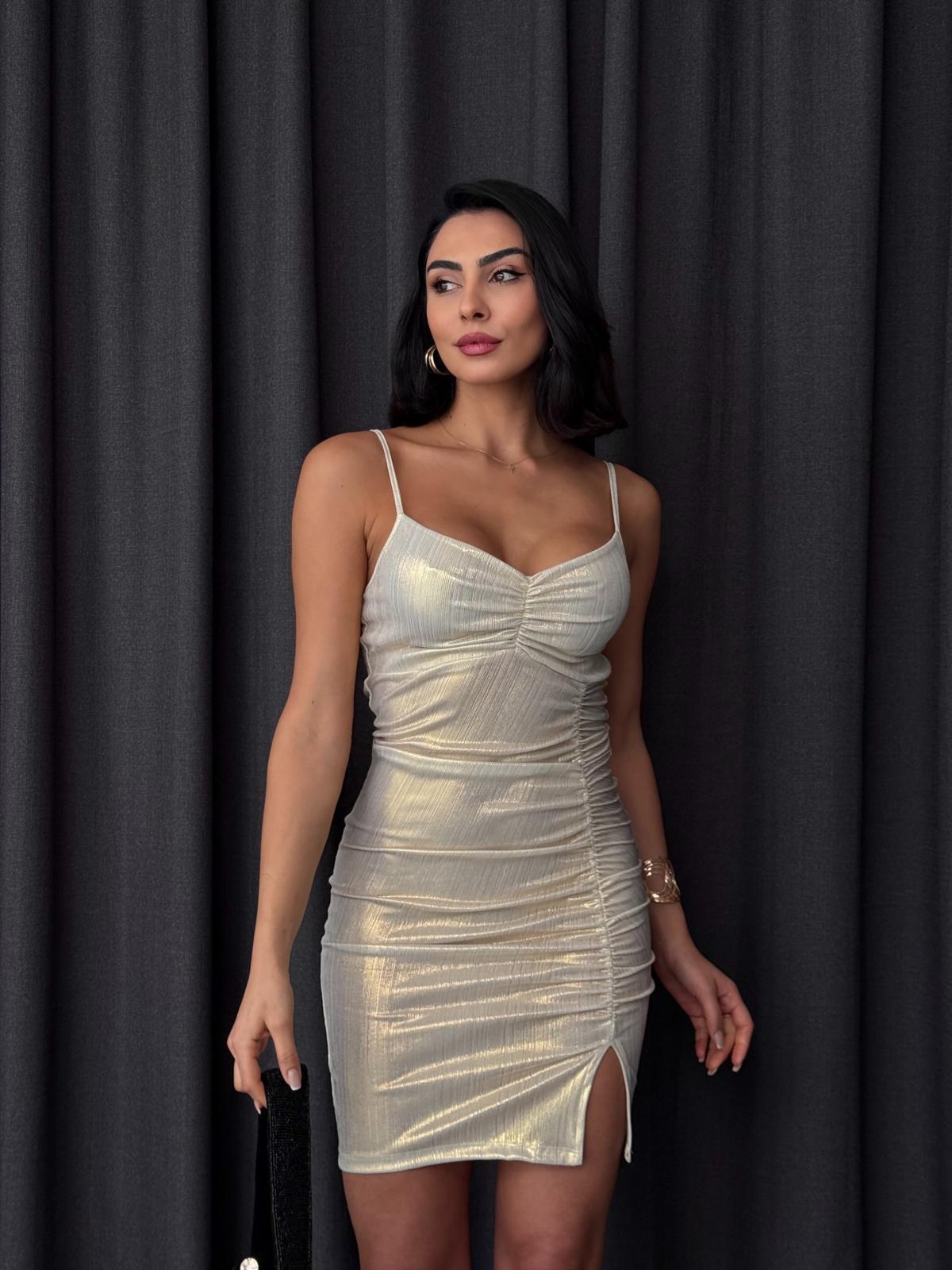 Drape Detaylı Askılı Tasarım Parlak Mini Elbise Gold
