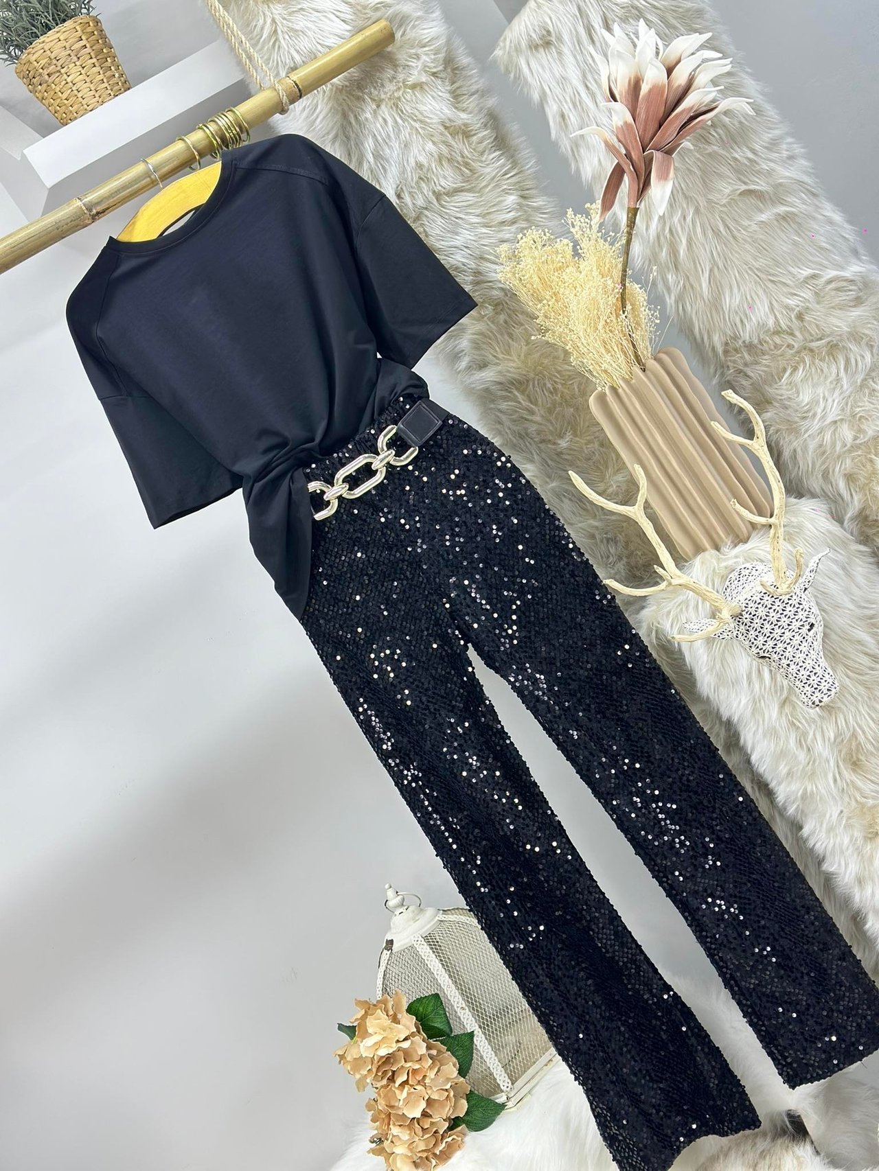 Kadife Üzeri Payet İşleme Beli Gizli Lastikli Rahat Pantolon