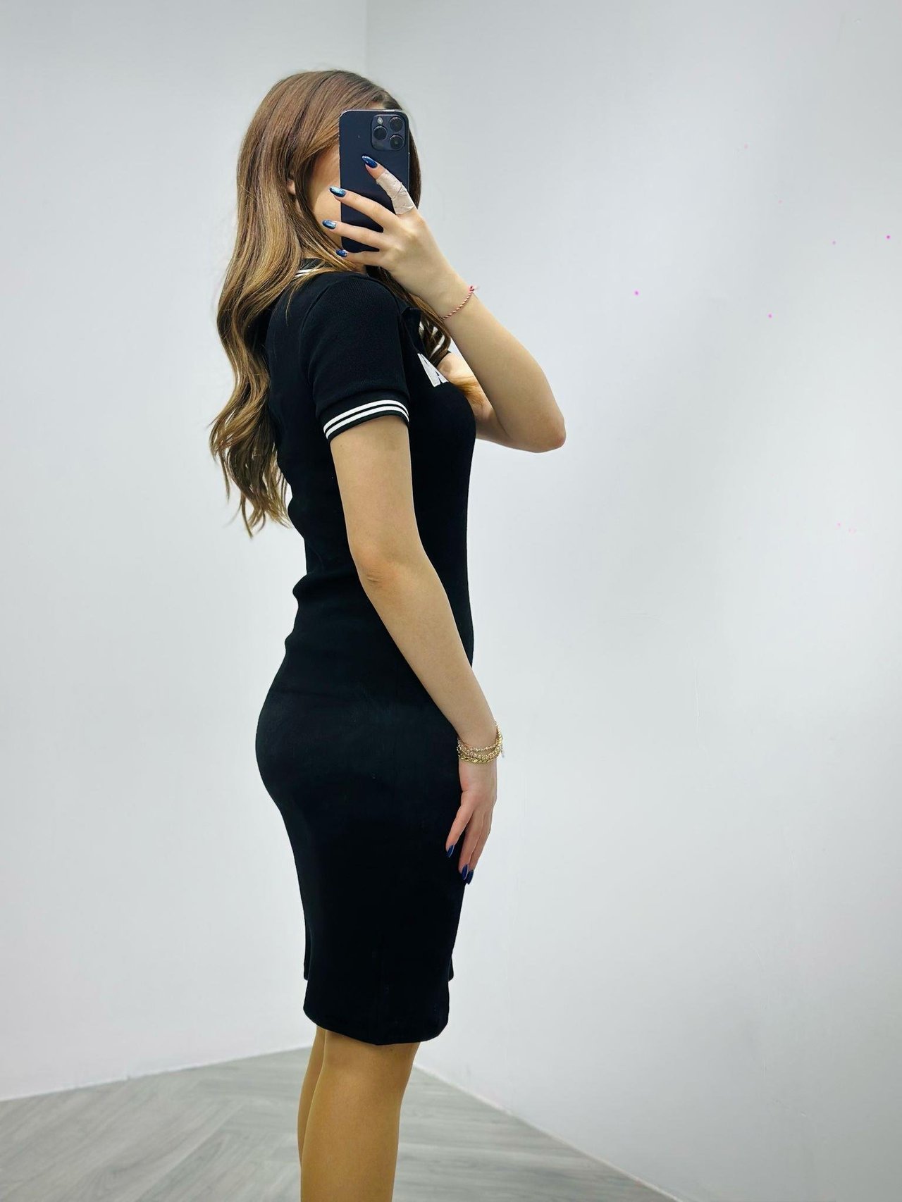 Kaşkorse Kumaş Çizgi Desen Nakış Detay Polo Yaka Elbise Siyah