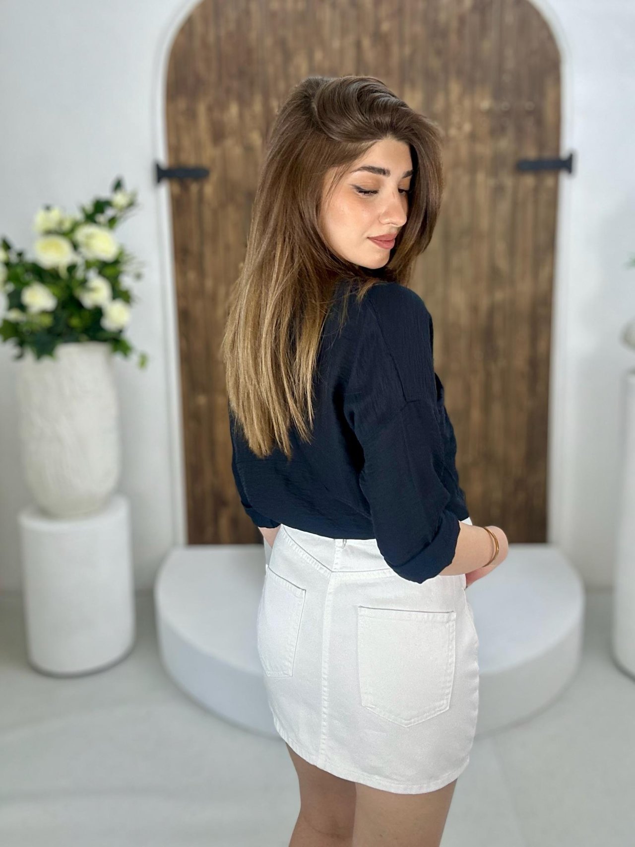 Likralı Jean Kumaş Beyaz Mini Etek