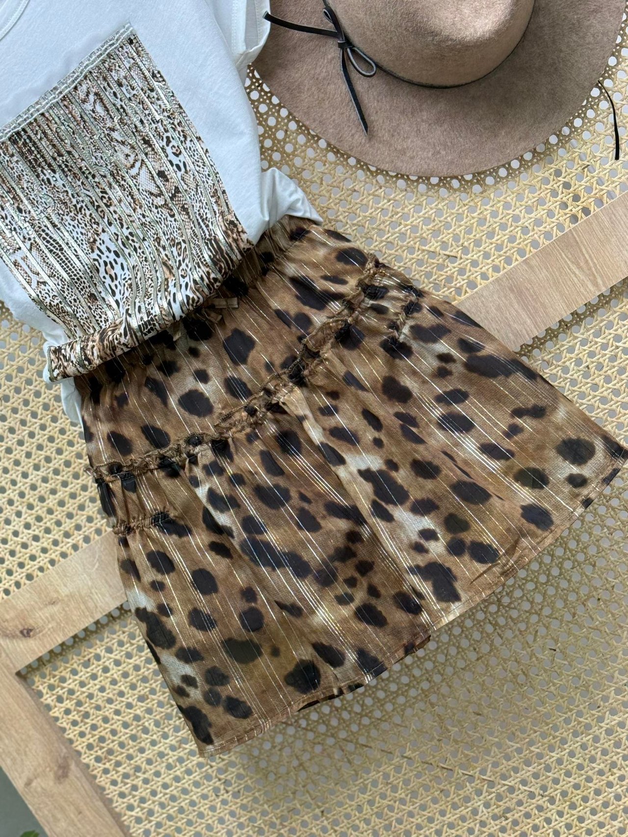 Şifon Kumaş Astarlı Beli Lastikli Leopar Desen Etek