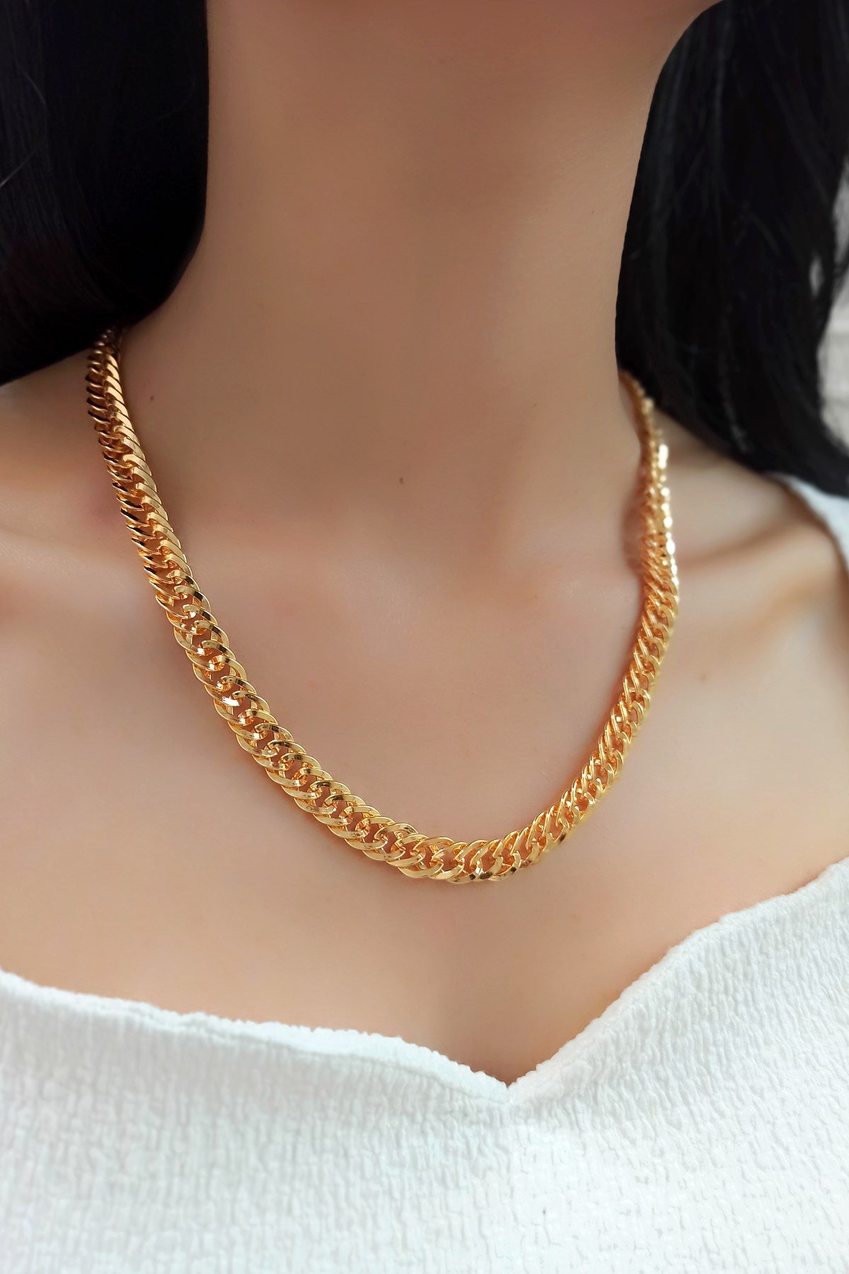 Gold Kabartma Sık Geçmeli Zincir Kolye TrKolye5533 B33003