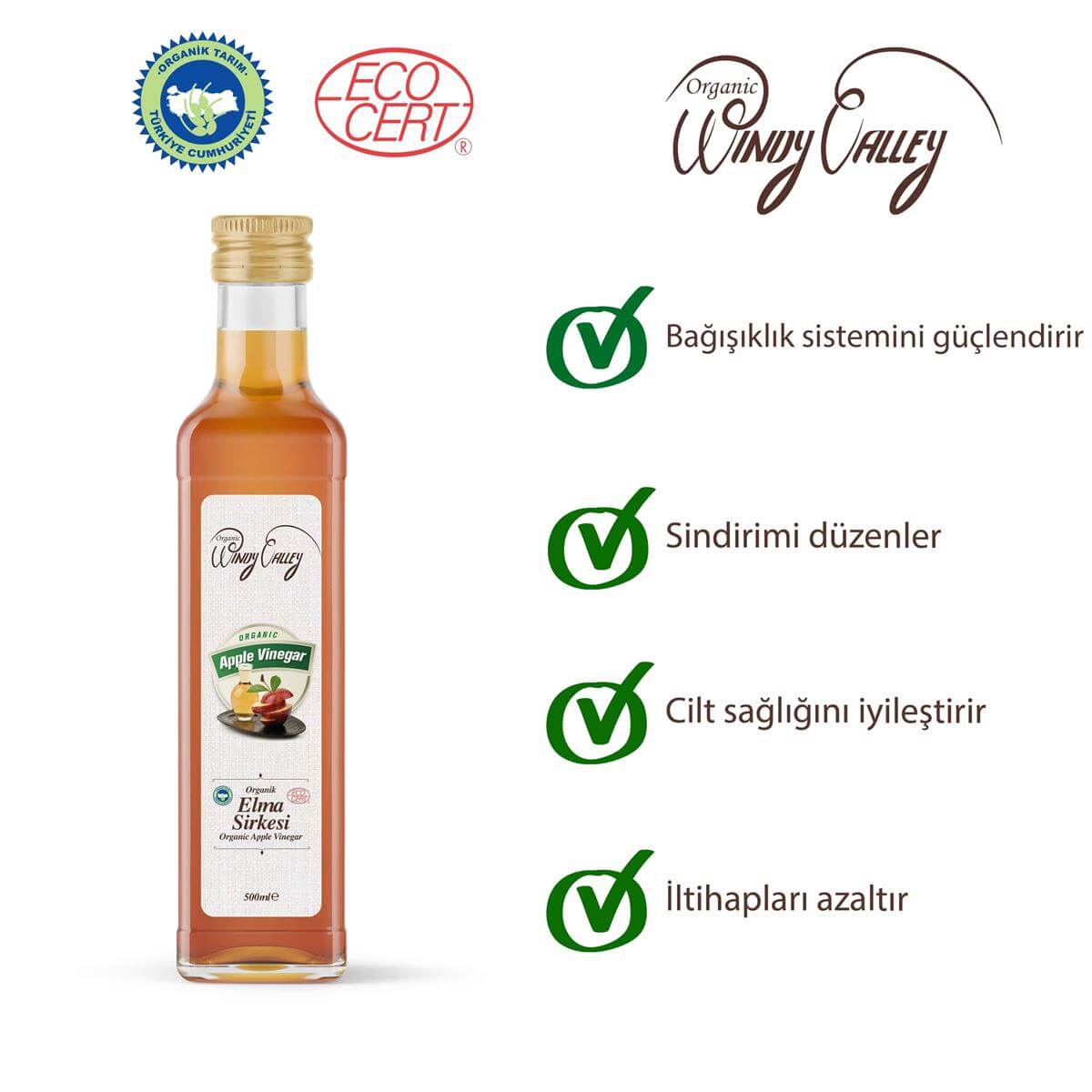 Organik Elma Sirkesi (500 ml)    Katkısız Doğal Fermente 