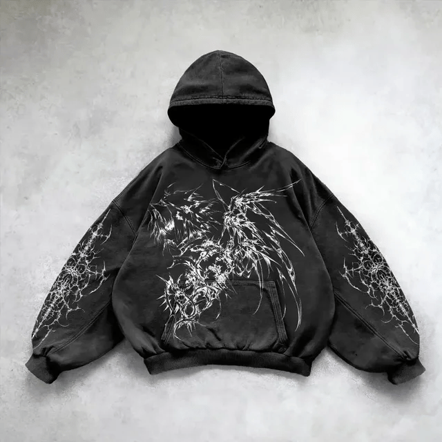  Siyah Punk Anime Detail Gothic Kapüşonlu Sweatshirt