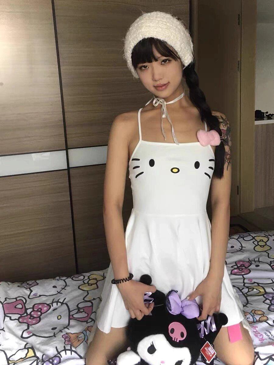 Beyaz Hello Kitty Face Askılı Elbise