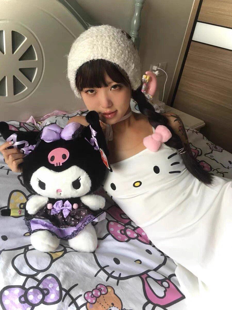 Beyaz Hello Kitty Face Askılı Elbise