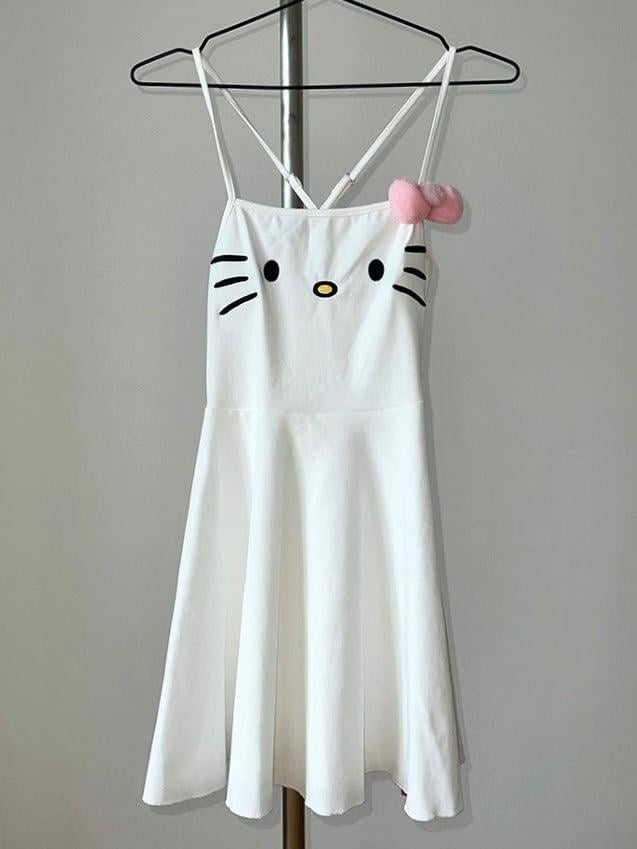 Beyaz Hello Kitty Face Askılı Elbise
