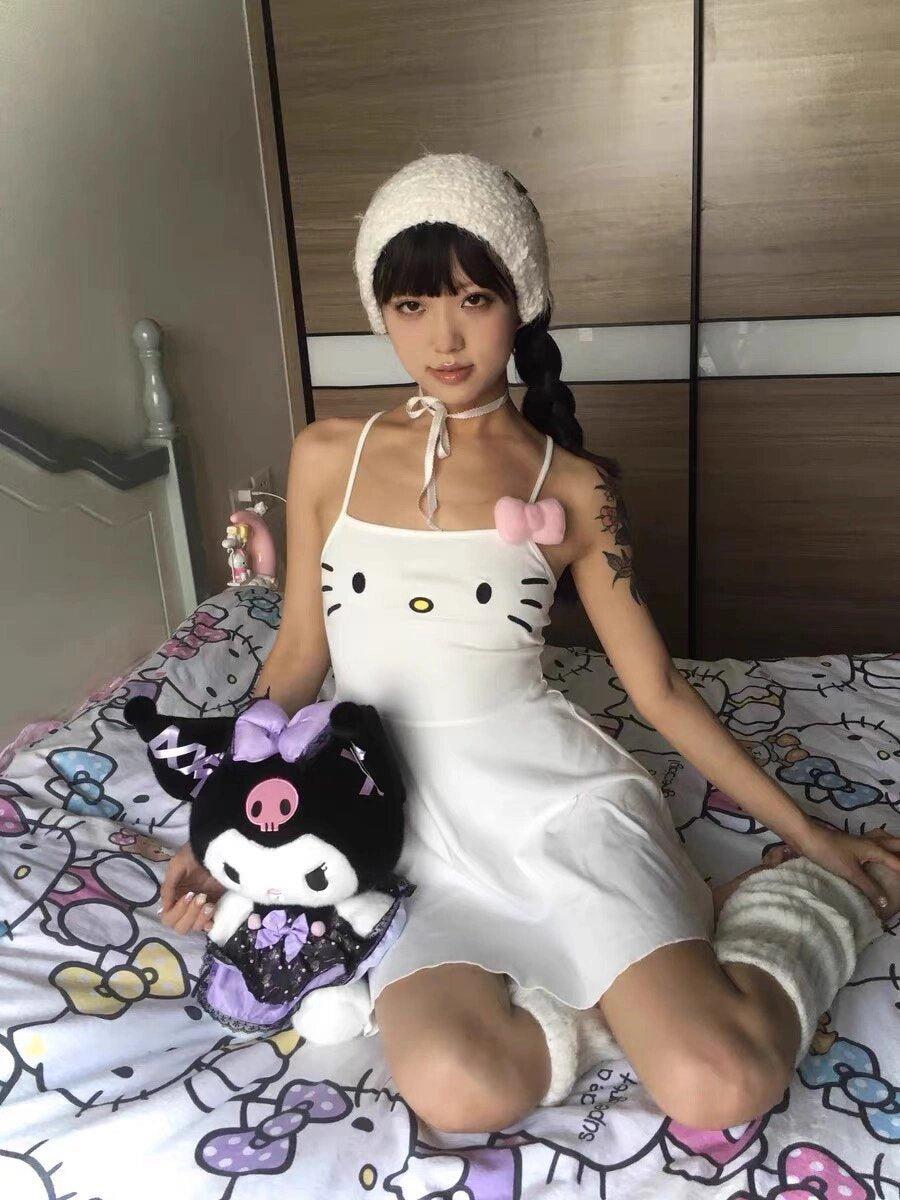 Beyaz Hello Kitty Face Askılı Elbise