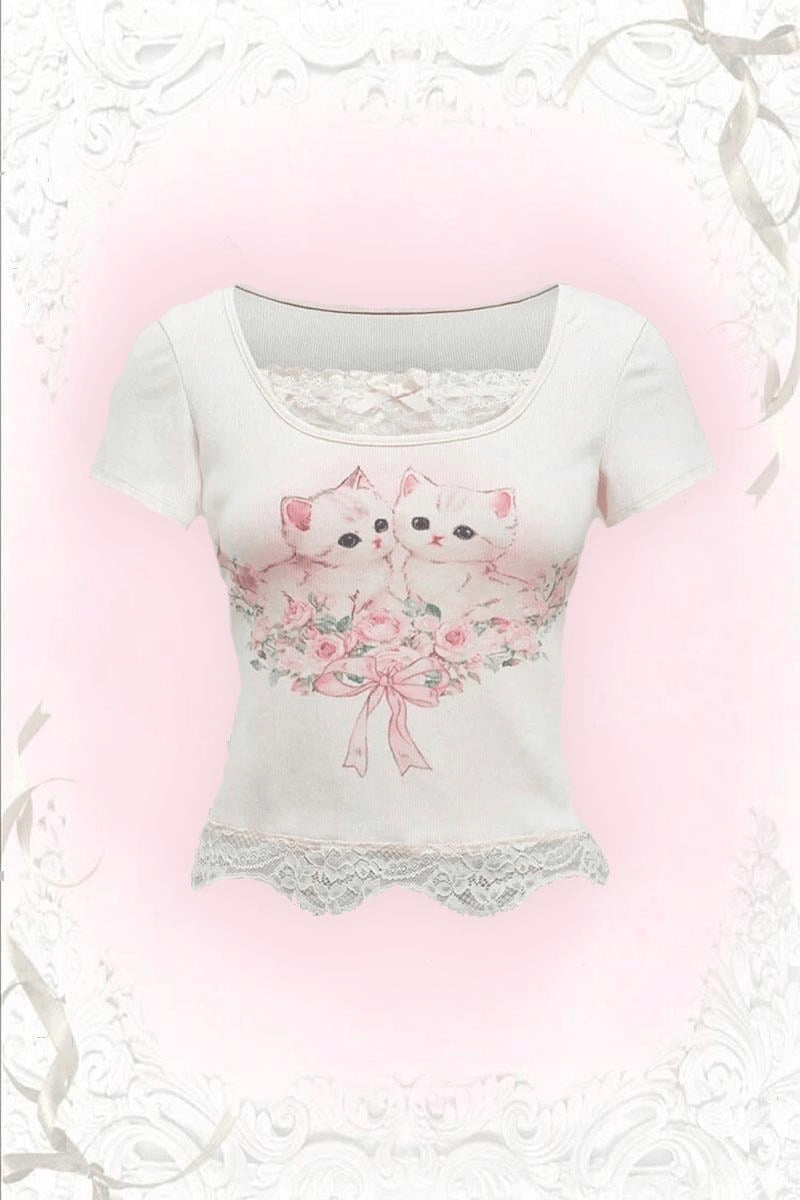 Beyaz Kawaii Cat Dantel Detaylı Kısa Kollu Crop