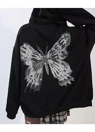 Butterfly Detail Unisex Oversize Siyah Hırka