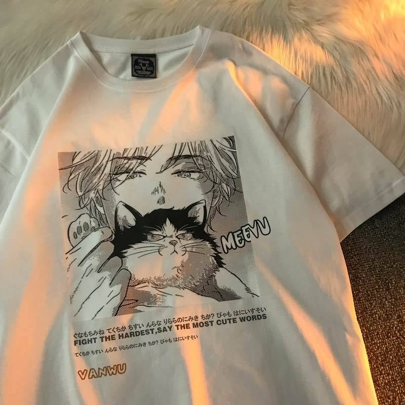 Cat is Anime Detaylı Oversize Unisex Beyaz T-shirt