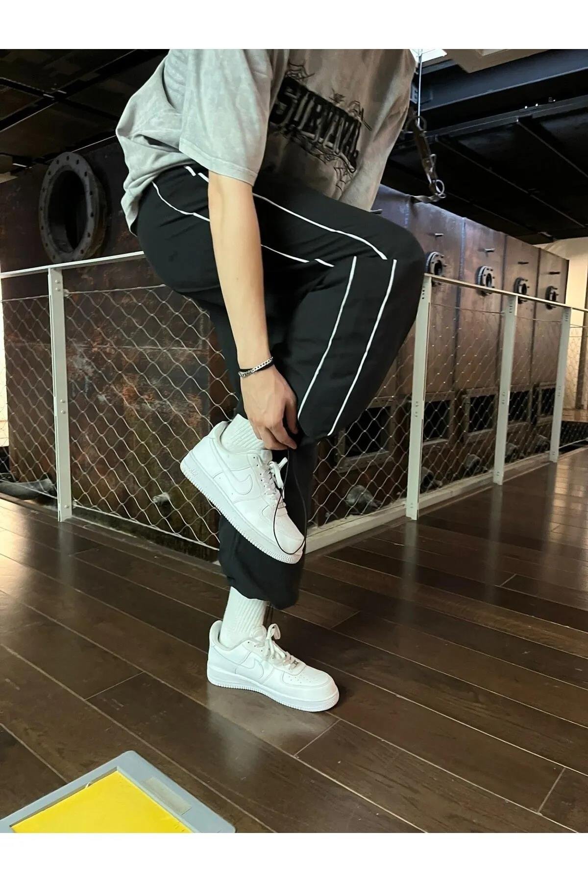 Harajuku Çizgi Detay Açık Gri Paraşüt Pantolon