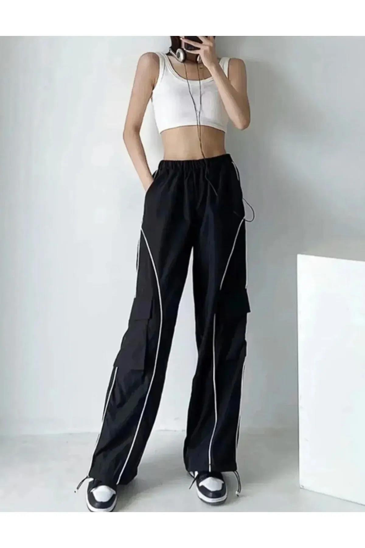Harajuku Tarz Unisex Siyah Bel Ve Paçası Lastikli Kargo Pantolon Eşofman Altı