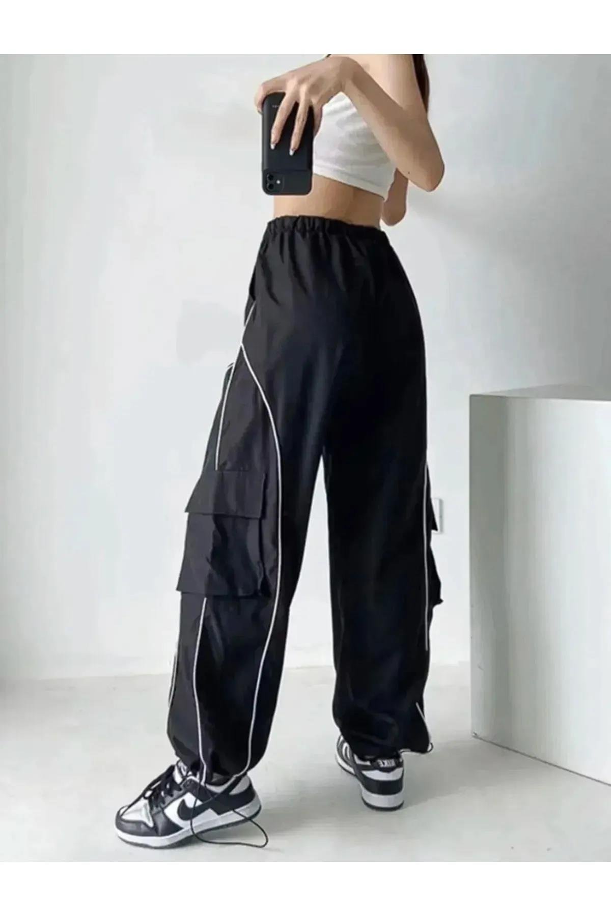 Harajuku Tarz Unisex Siyah Bel Ve Paçası Lastikli Kargo Pantolon Eşofman Altı