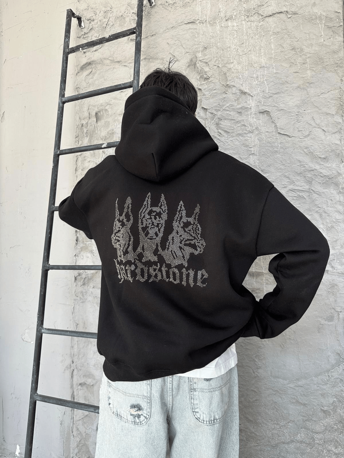 Hardstone Taş Detaylı Siyah Hoodie Oversize Sweatshirt