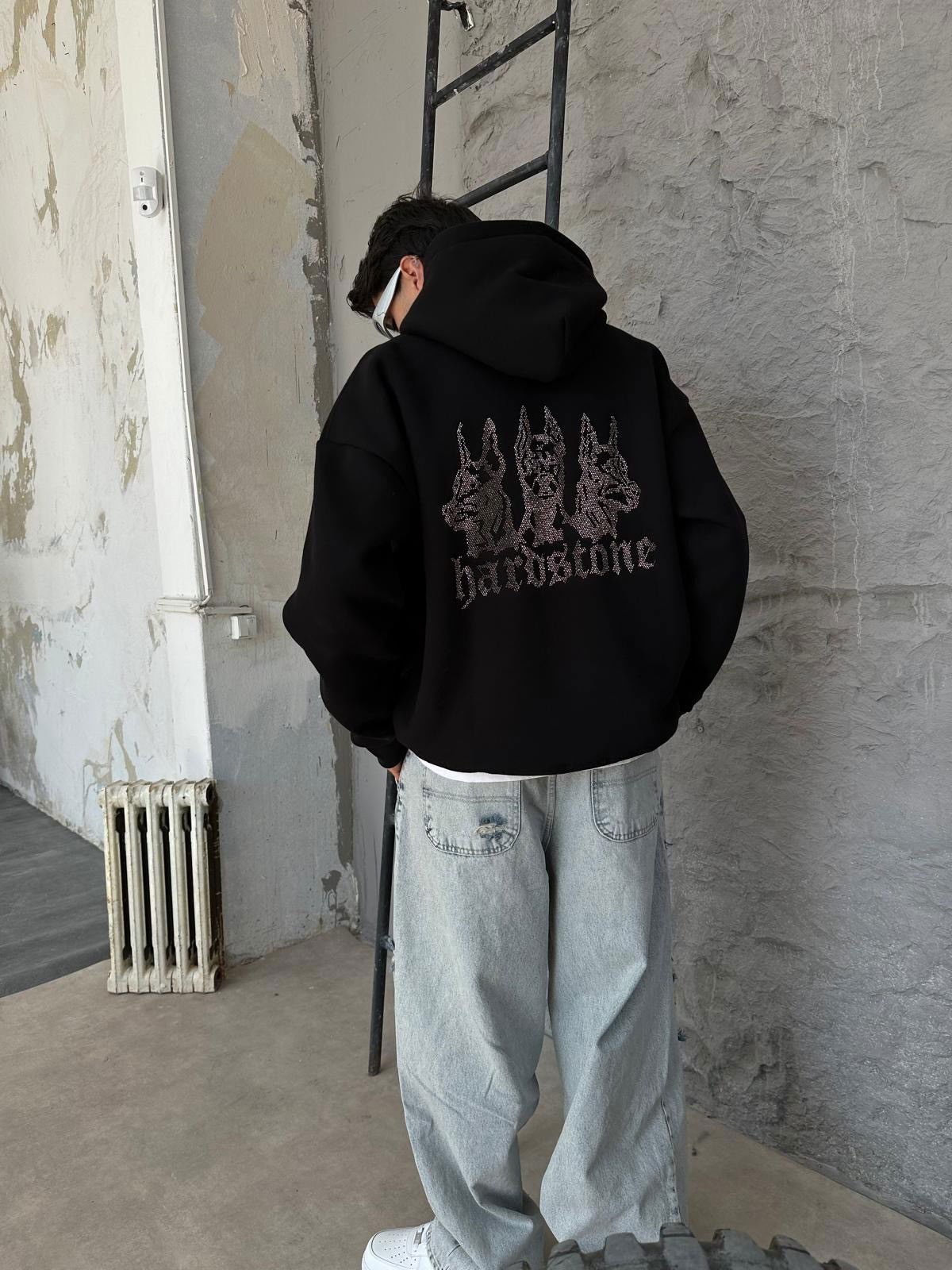Hardstone Taş Detaylı Siyah Hoodie Oversize Sweatshirt