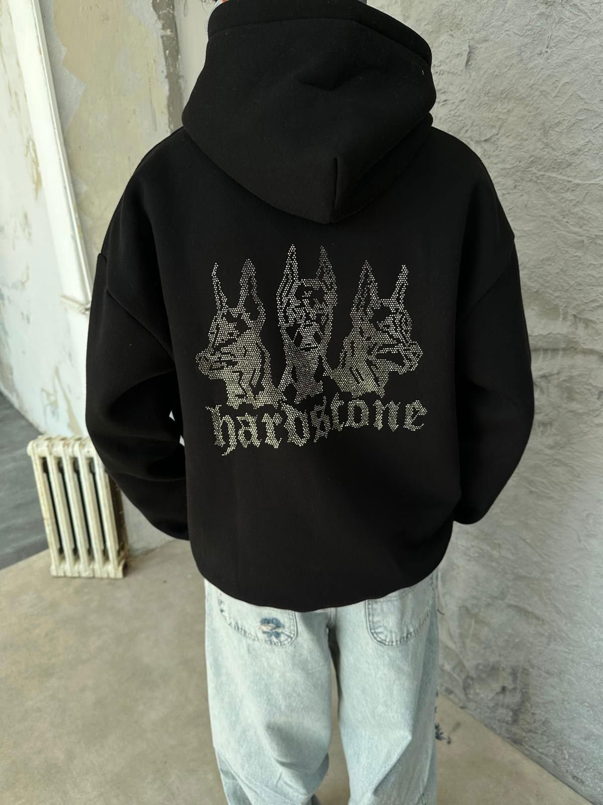 Hardstone Taş Detaylı Siyah Hoodie Oversize Sweatshirt