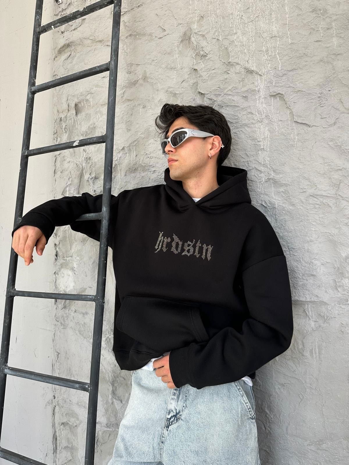 Hardstone Taş Detaylı Siyah Hoodie Oversize Sweatshirt