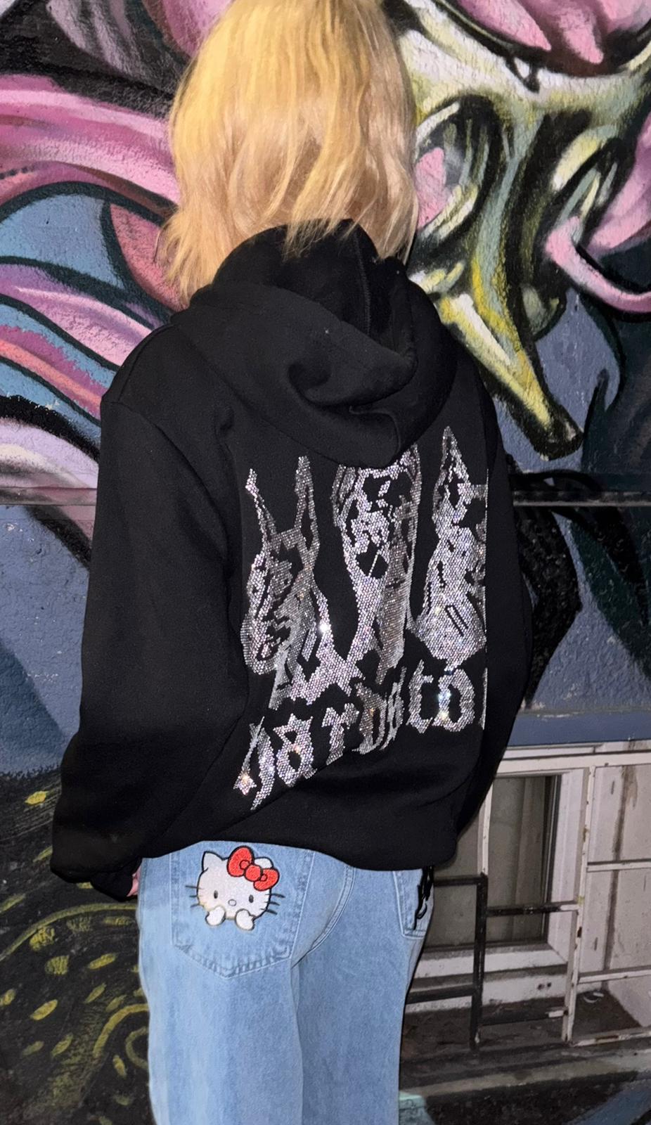 Hardstone Taş Detaylı Siyah Hoodie Oversize Sweatshirt