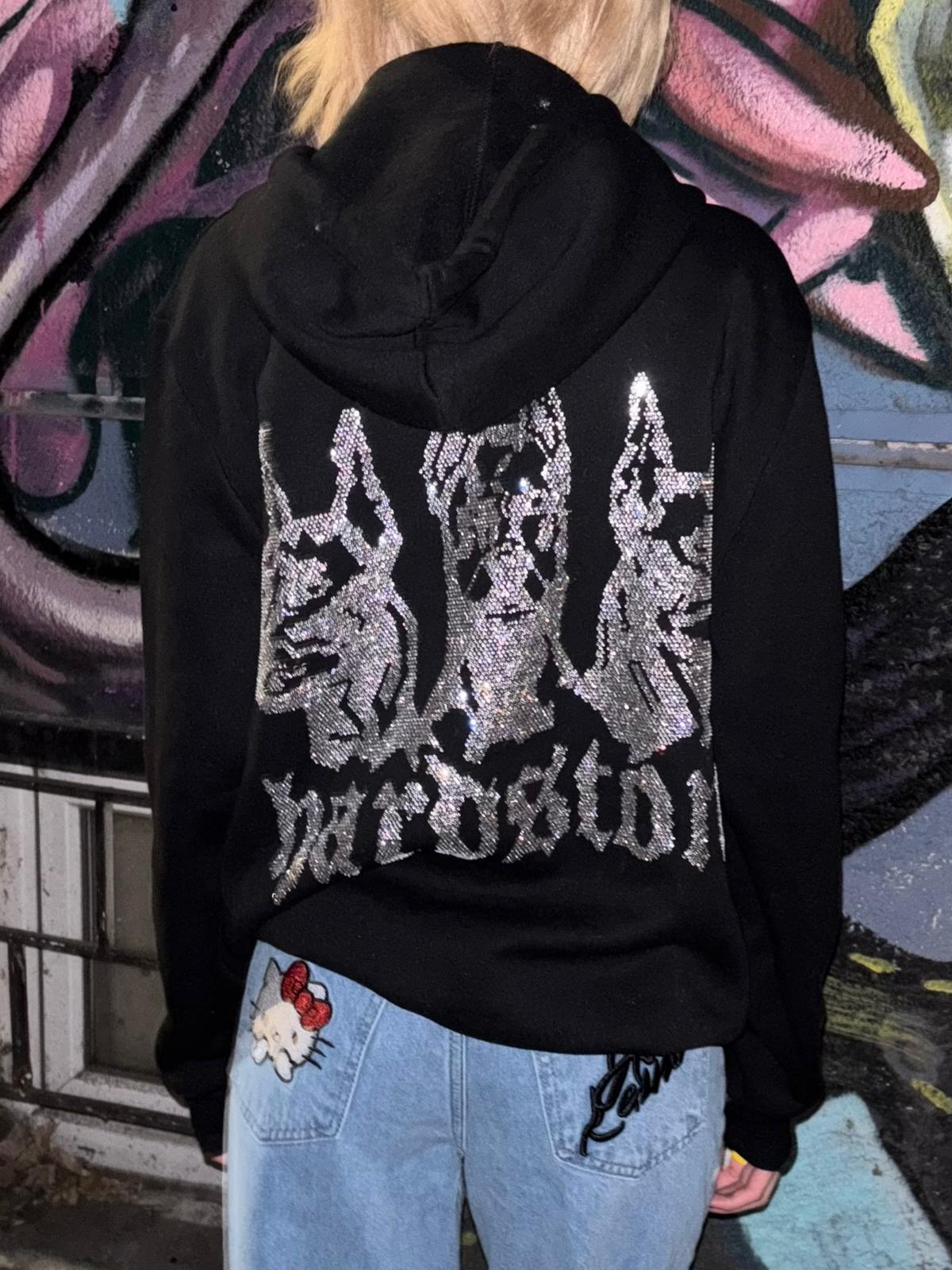Hardstone Taş Detaylı Siyah Hoodie Oversize Sweatshirt
