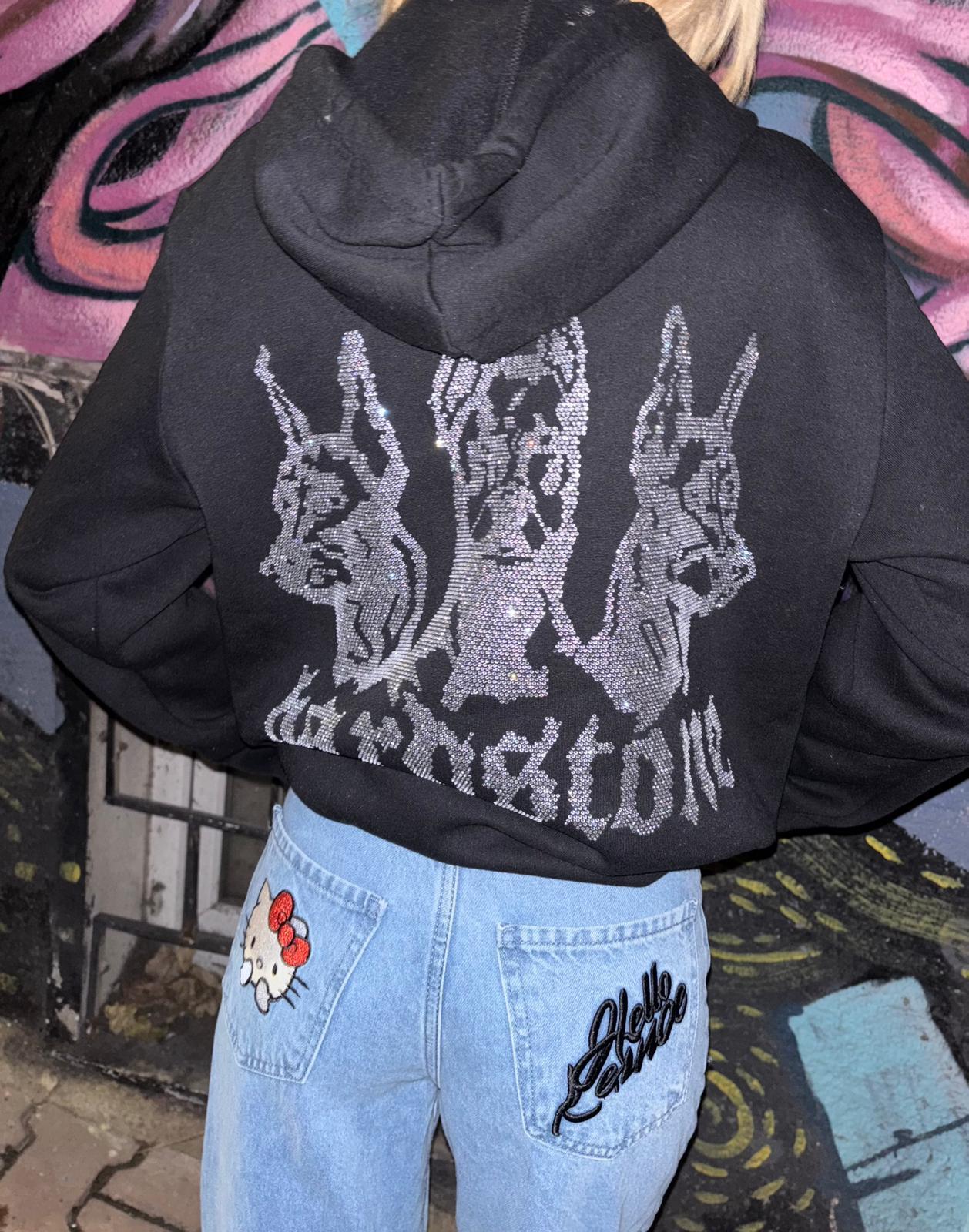 Hardstone Taş Detaylı Siyah Hoodie Oversize Sweatshirt