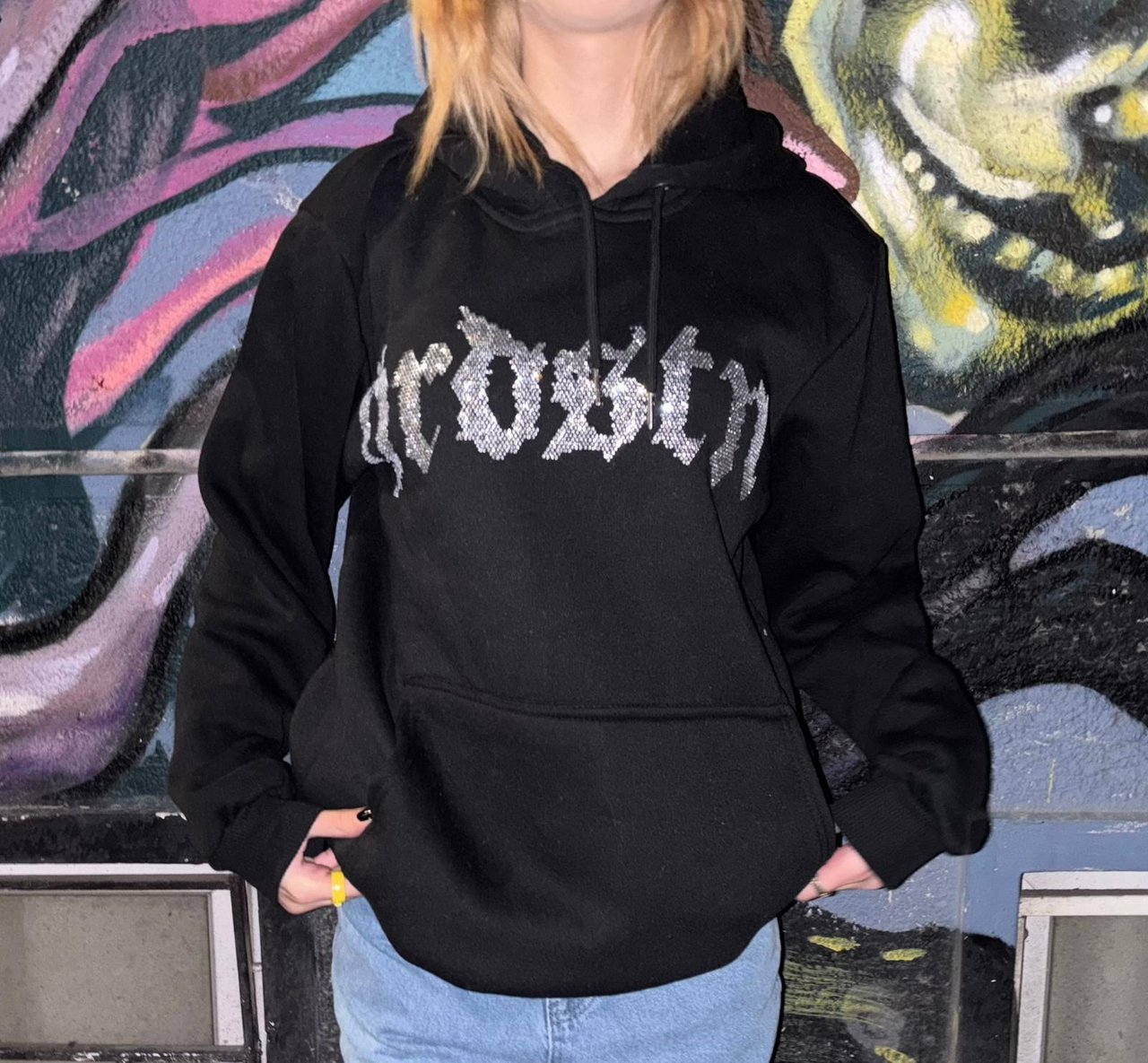 Hardstone Taş Detaylı Siyah Hoodie Oversize Sweatshirt
