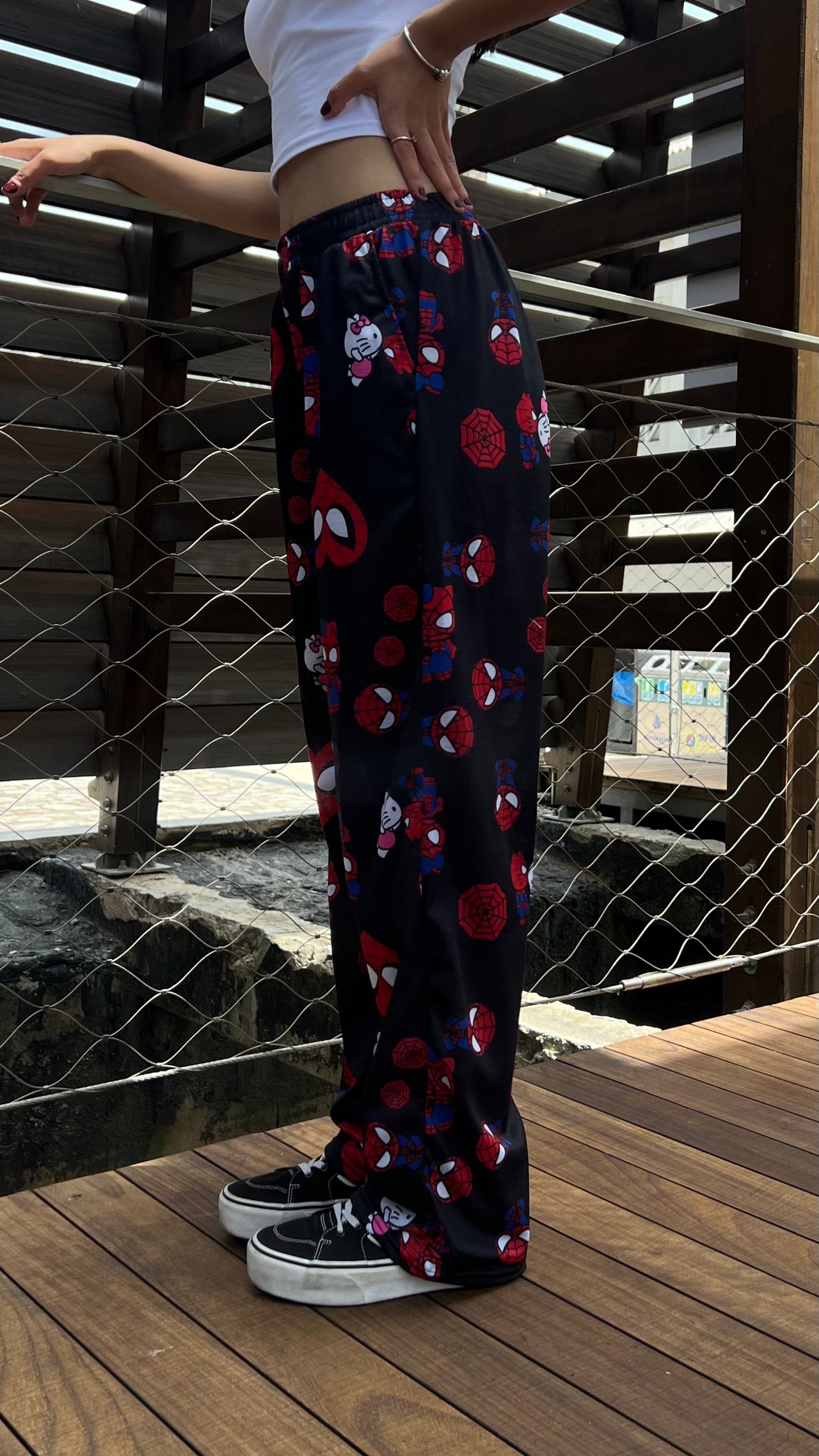 Hello Kitty & Spider-Man Detaylı Siyah Unisex Bol Eşofman Altı