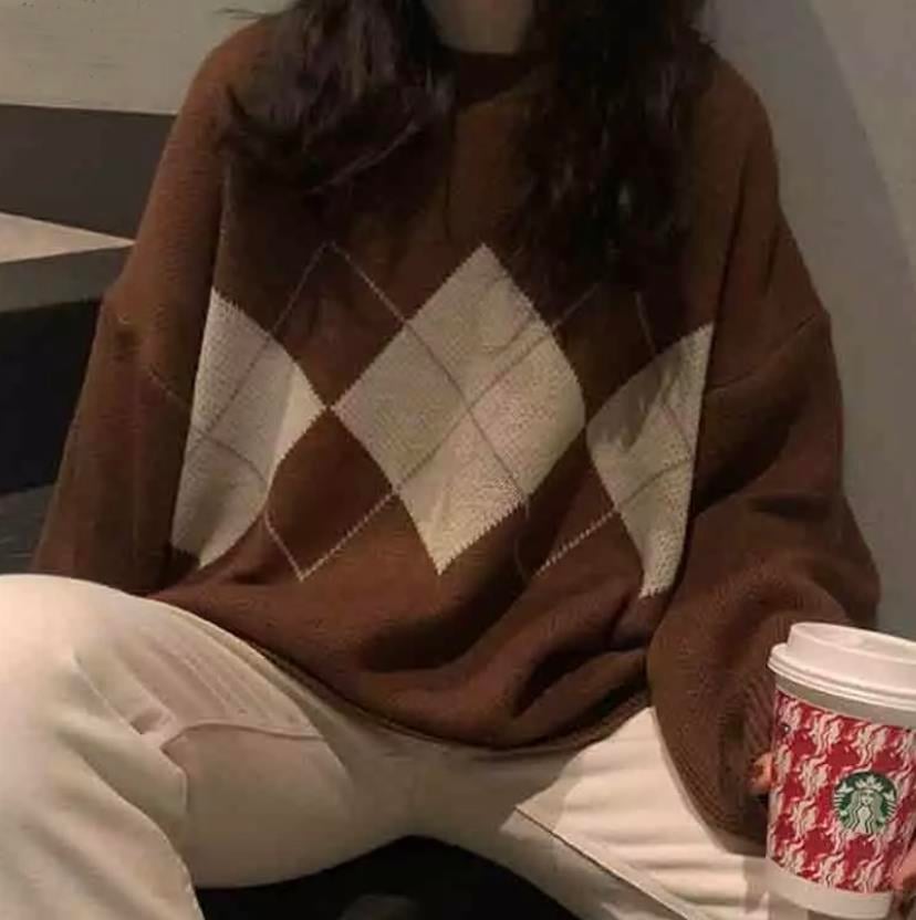 Kahverengi Baklava Desen Ekose Oversize Kazak
