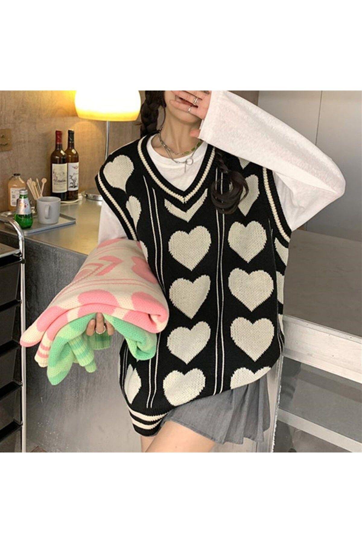 Kalp Desenli Triko Unisex Oversize Süveter Kazak