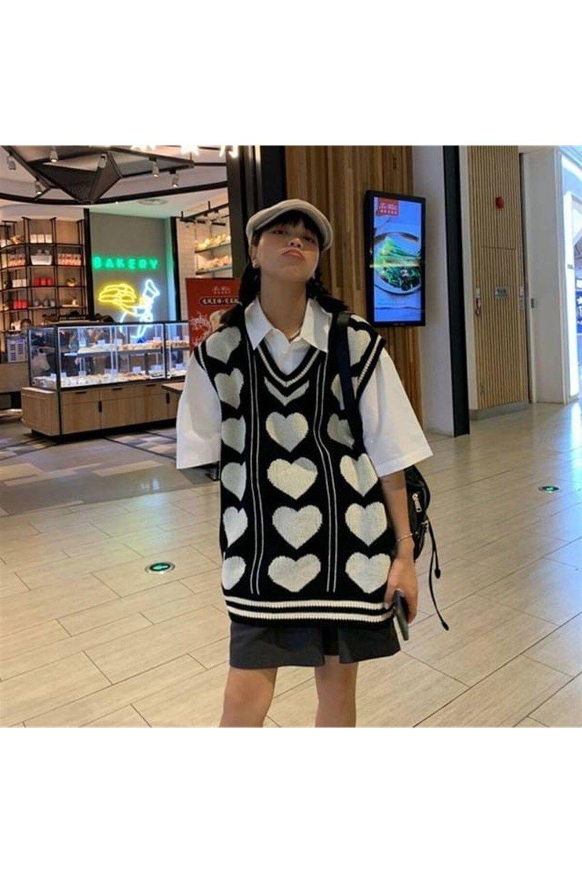 Kalp Desenli Triko Unisex Oversize Süveter Kazak