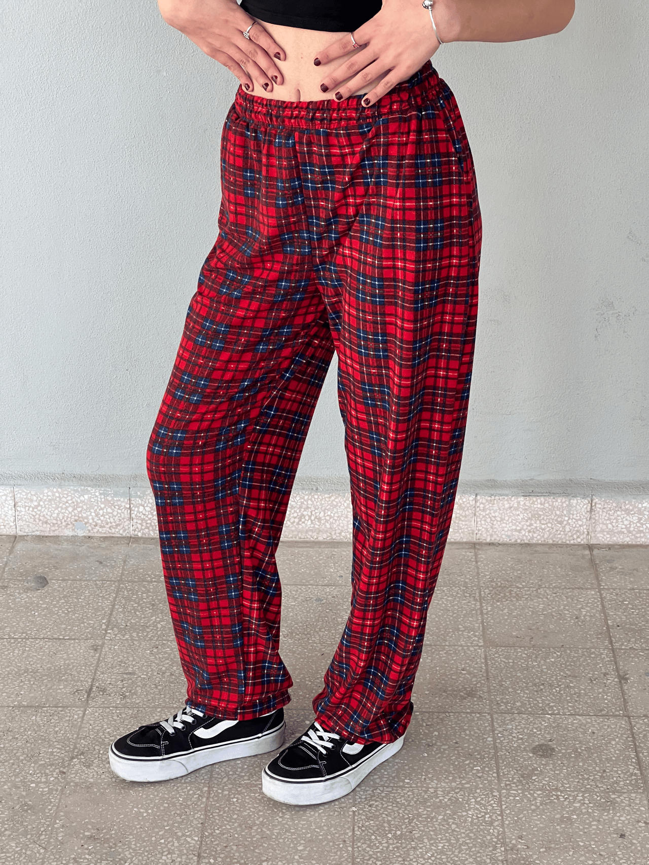 Kırmızı Kare Detaylı Ekose Unisex Bol Eşofman Altı