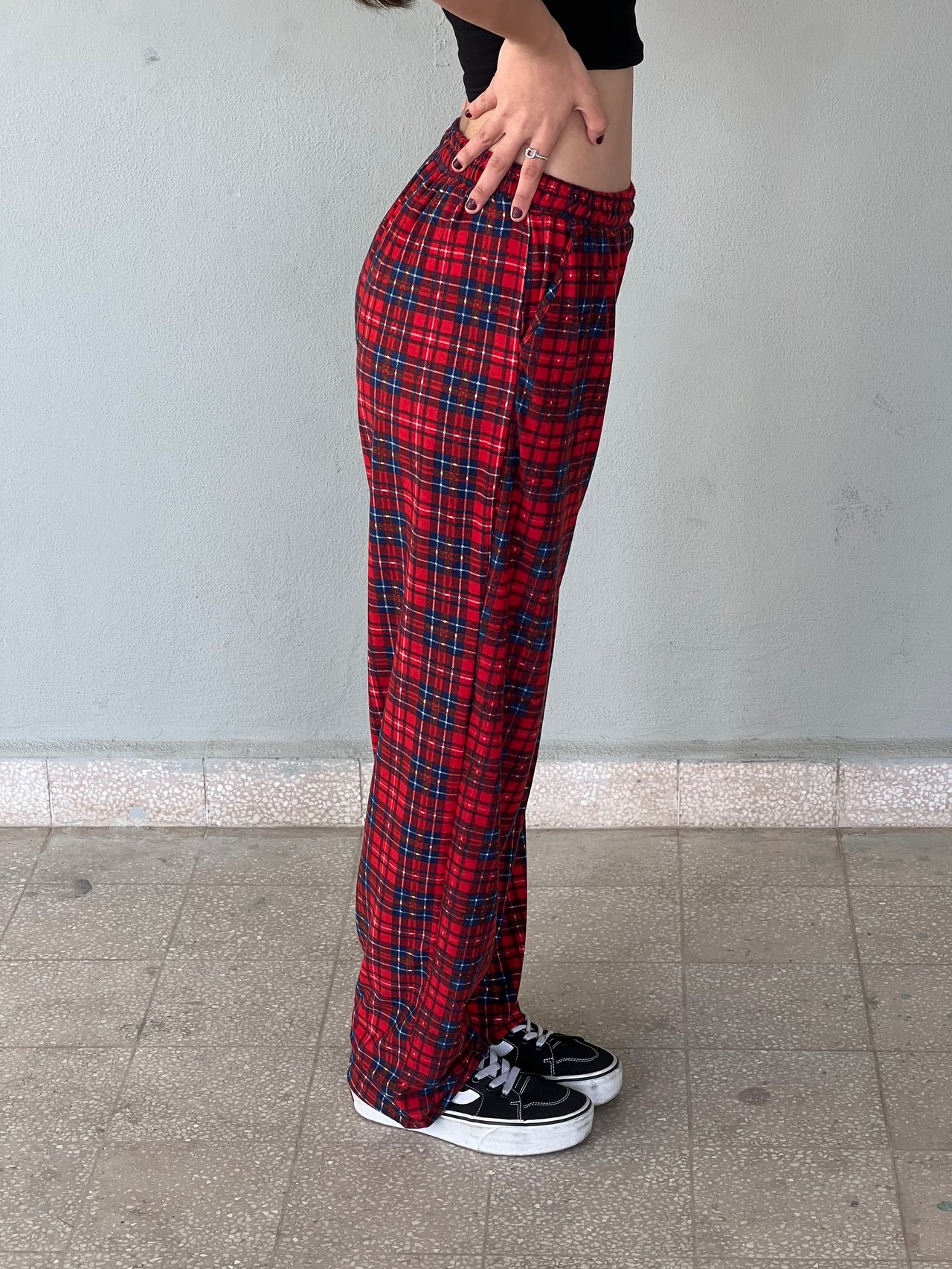 Kırmızı Kare Detaylı Ekose Unisex Bol Eşofman Altı