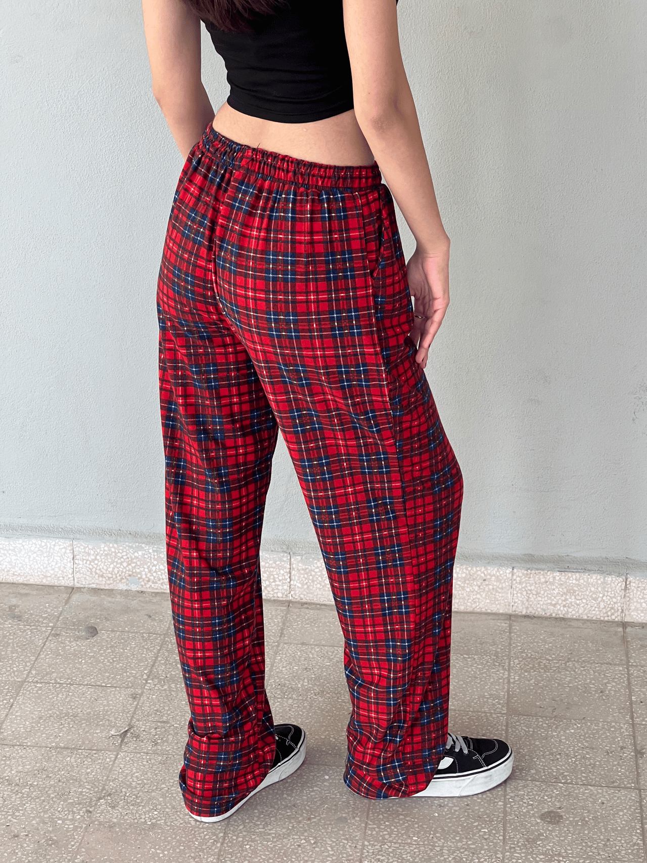 Kırmızı Kare Detaylı Ekose Unisex Bol Eşofman Altı