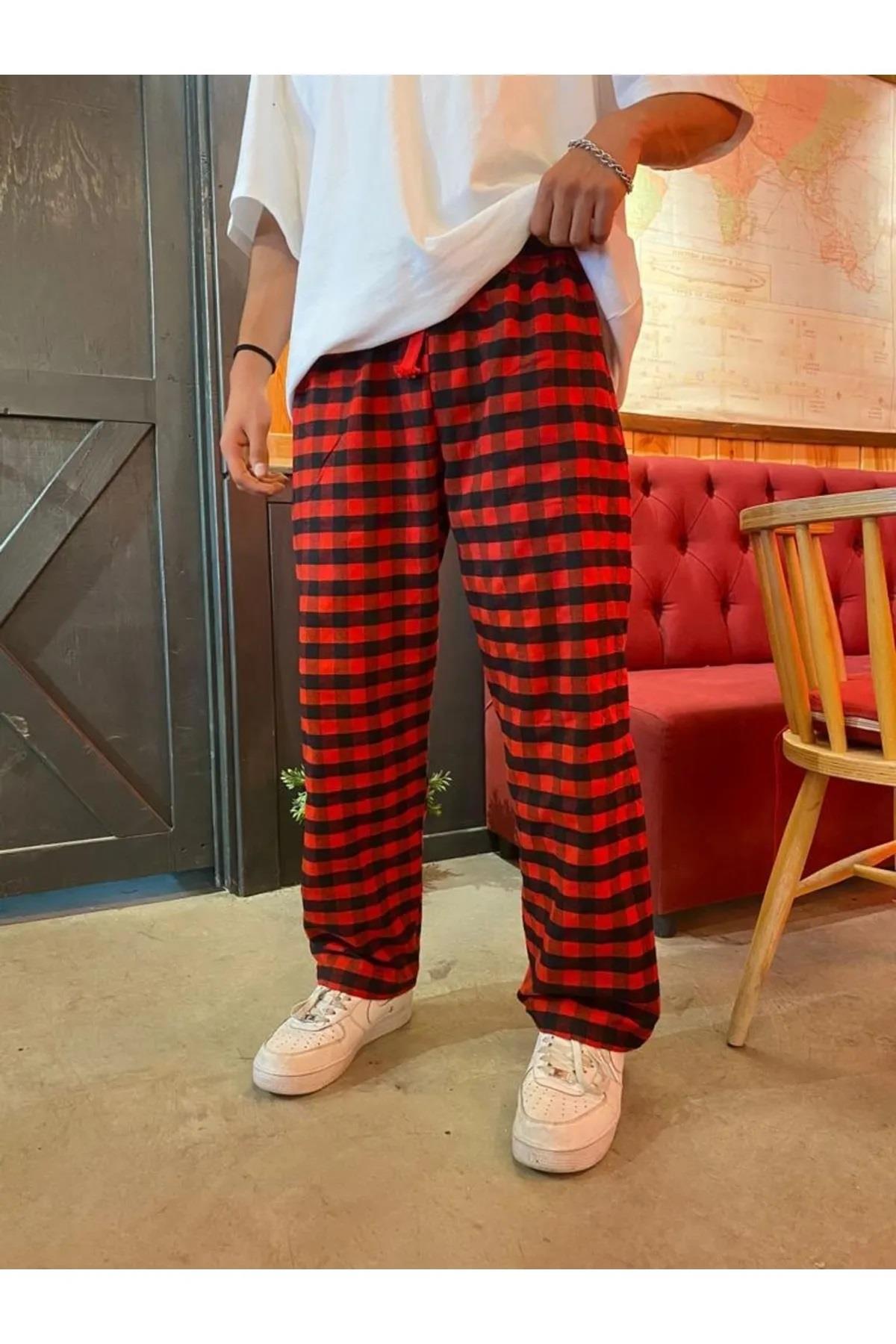 Kırmızı Siyah Harajuku Kare Ekose Desenli Unisex Bol Paça Pijama Eşofman