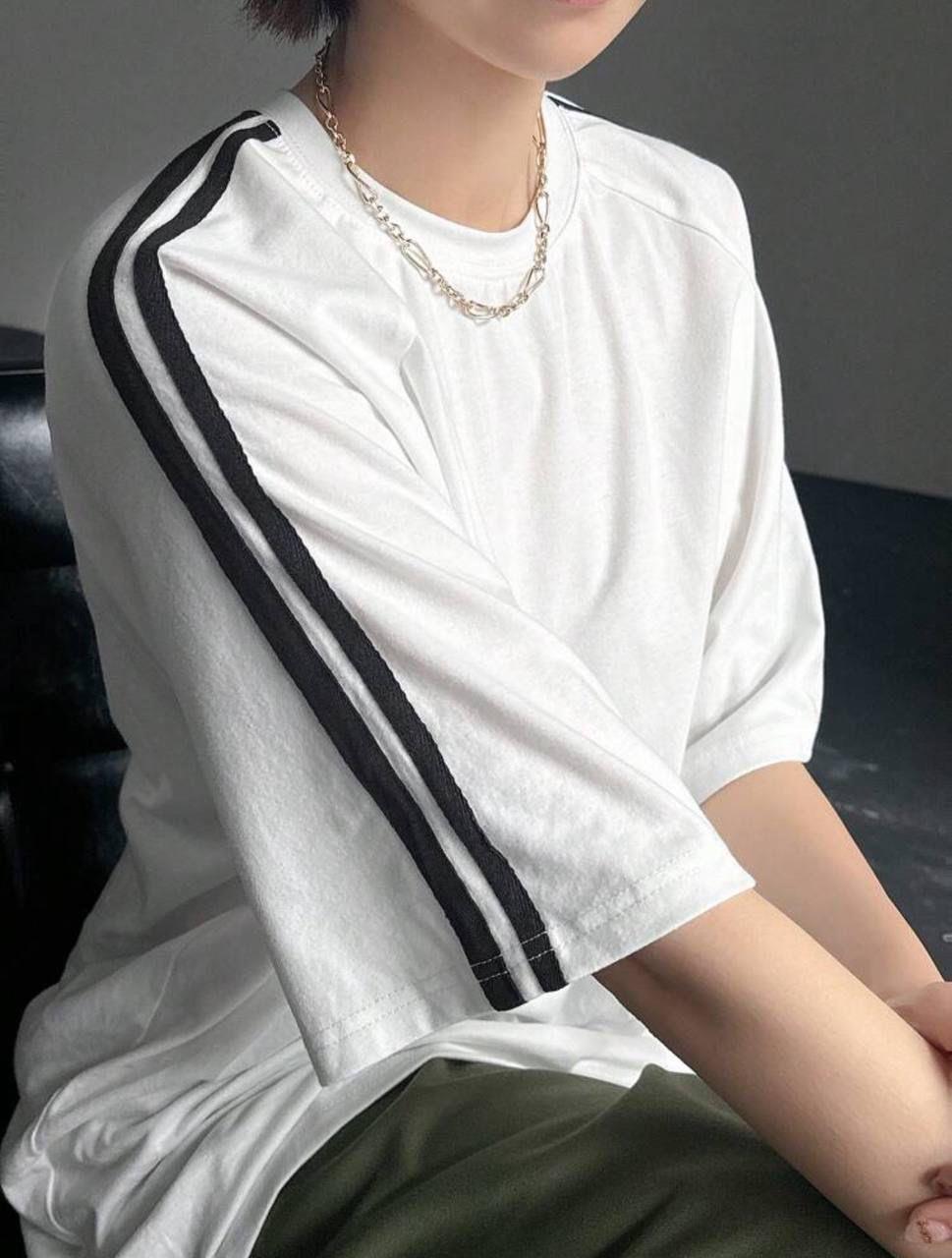 Omuz Çizgili Beyaz Unisex Oversize T-shirt