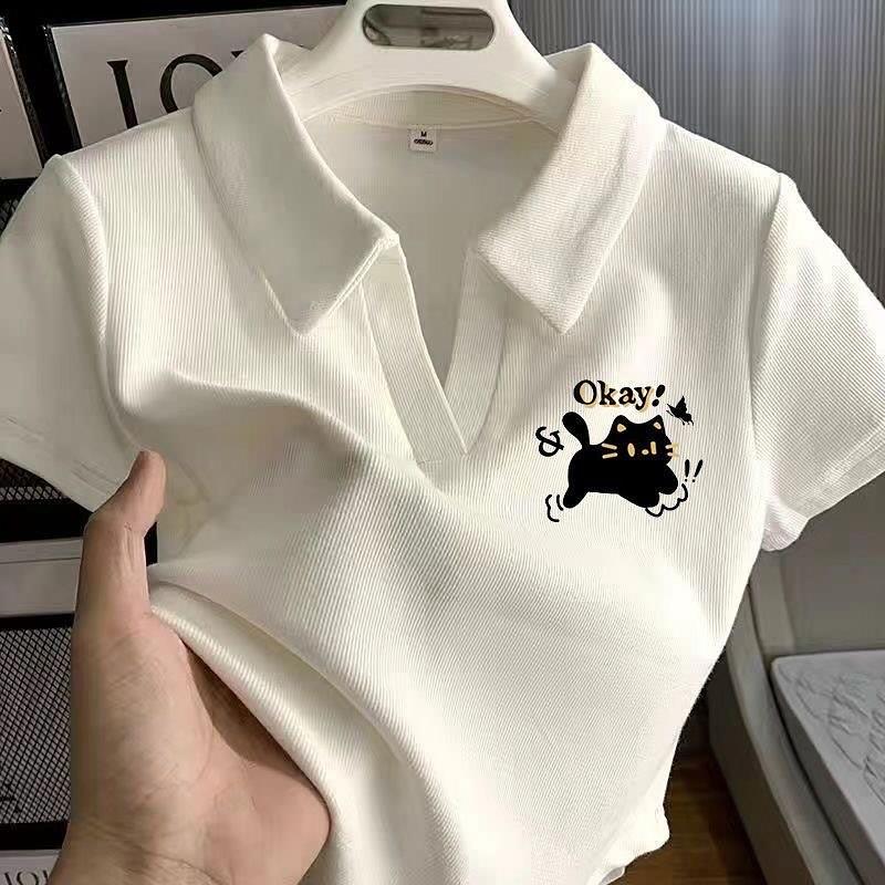 Polo Yaka Kedi Baskılı Crop