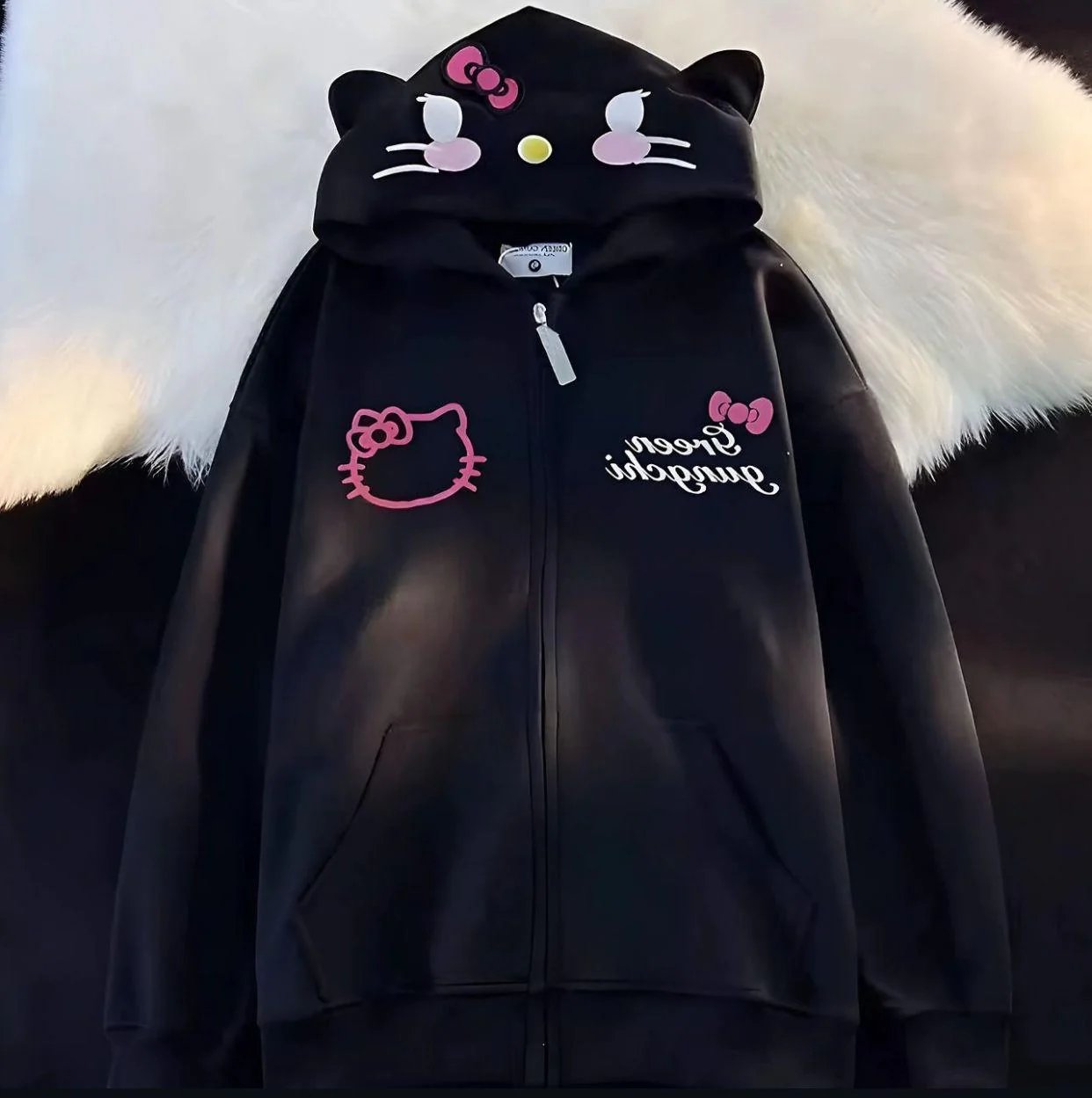 Sanrio Siyah Anime Kawaii Kulaklı Hello Kitty Detail Hırka