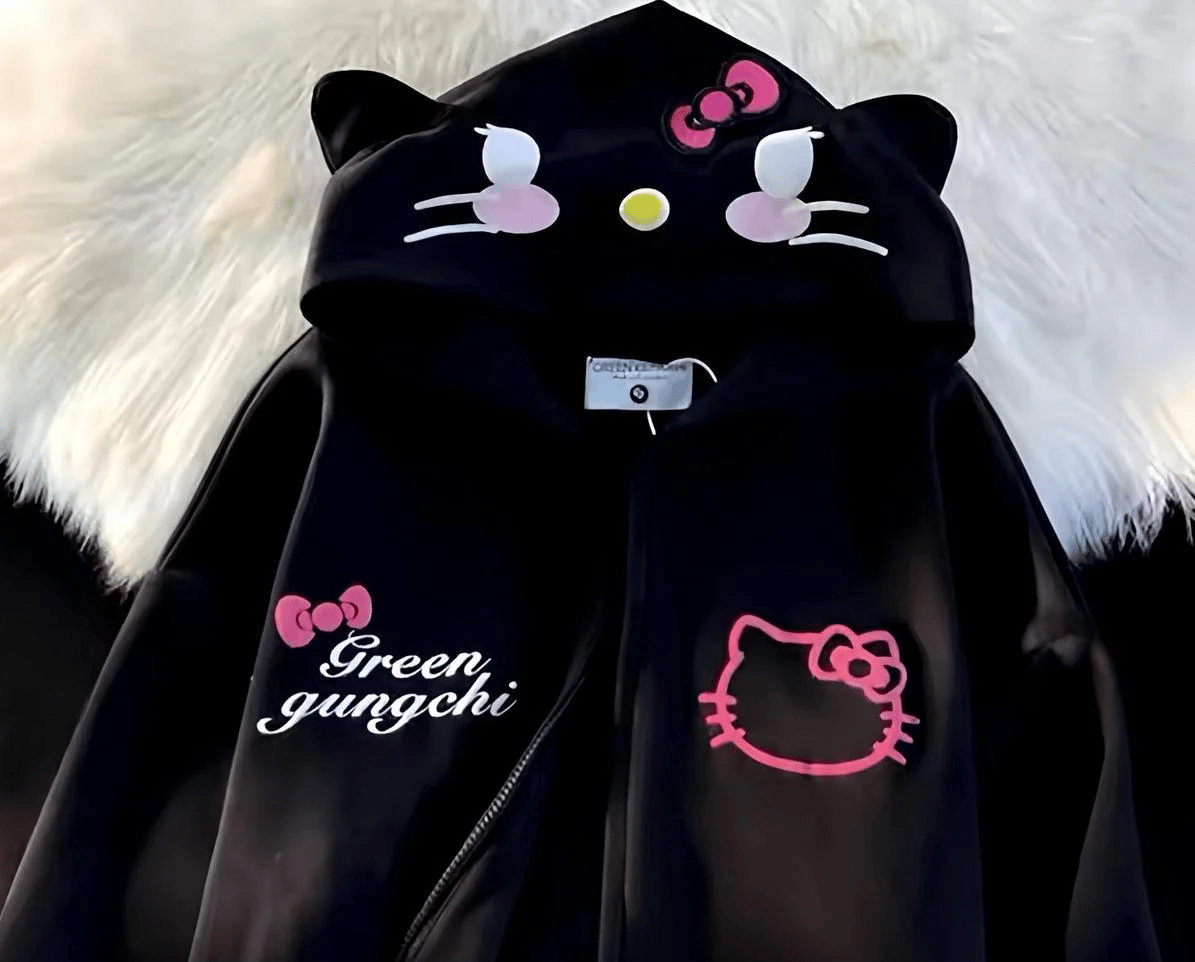 Sanrio Siyah Anime Kawaii Kulaklı Hello Kitty Detail Hırka
