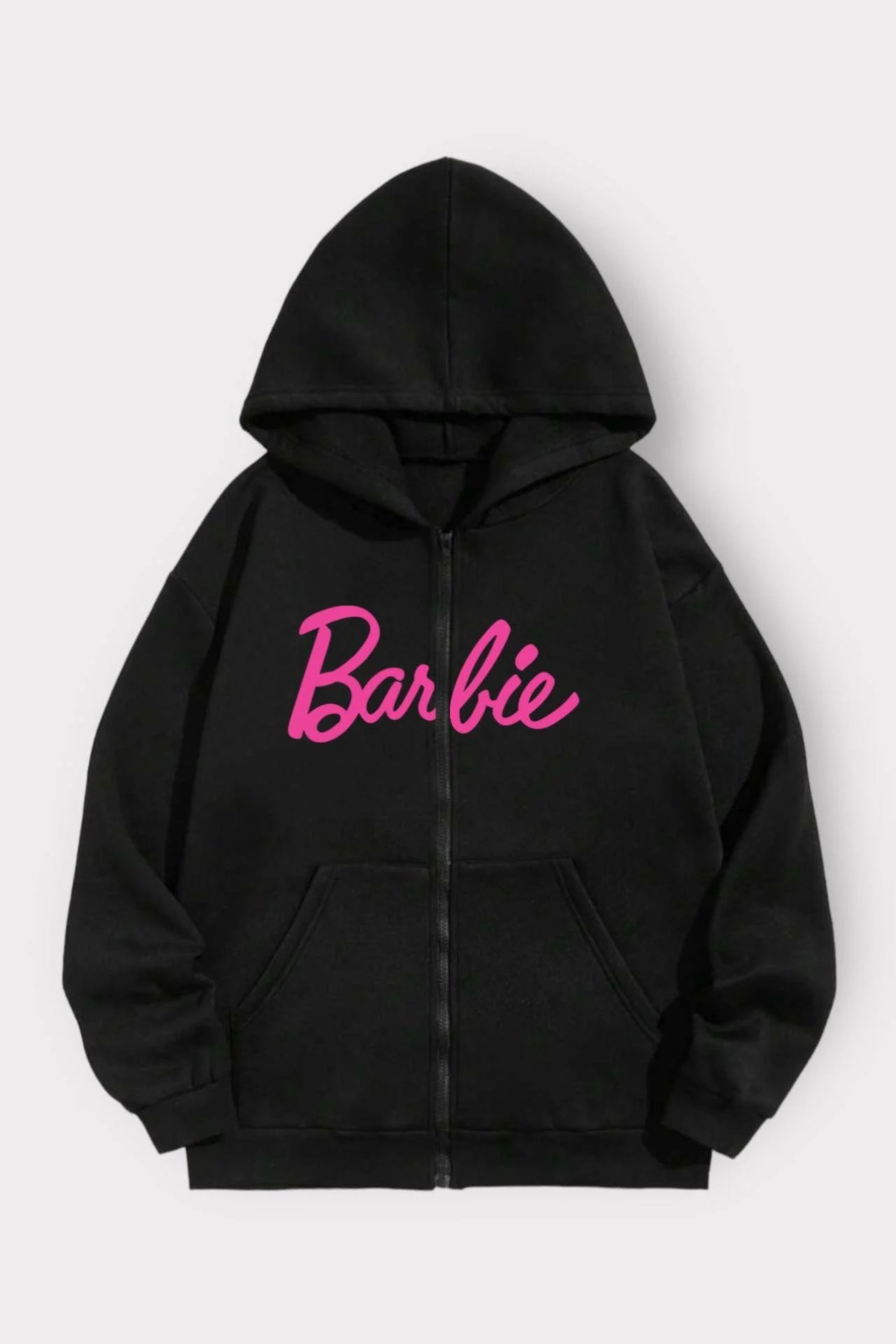 Siyah Barbie Yazılı Unisex Kapüşonlu Fermuarlı Hırka