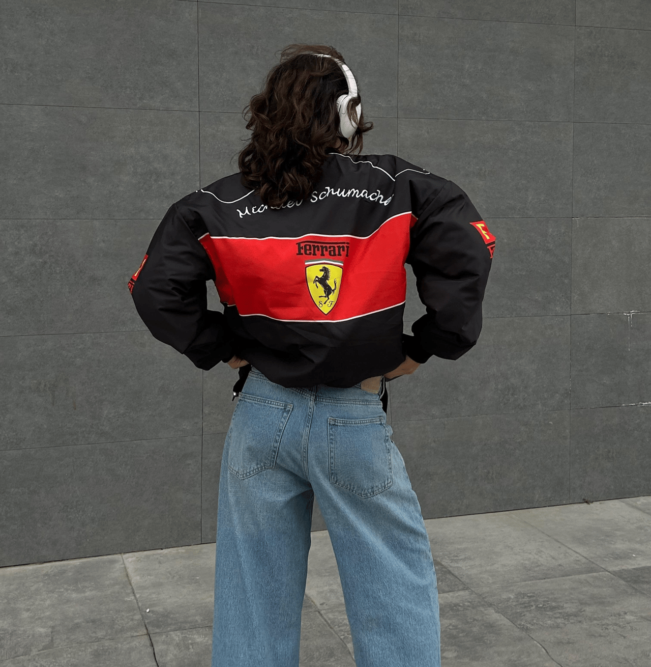 Siyah F1 Ferrari Racing Retro Unisex Bomber Ceket