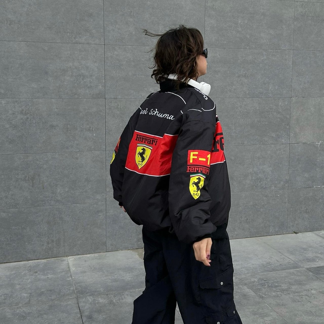Siyah F1 Ferrari Racing Retro Unisex Bomber Ceket