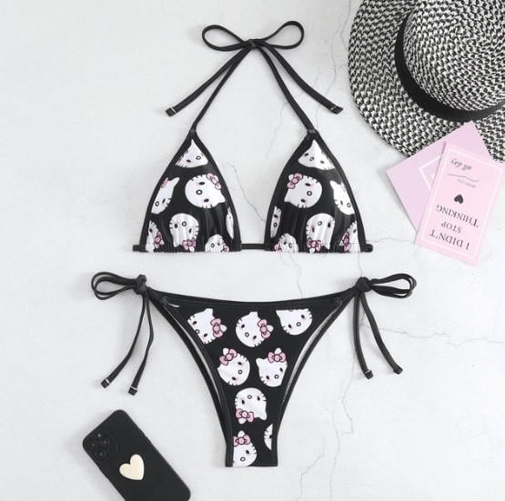 Siyah Hello Kity Desenli Y2K Bikini Takımı