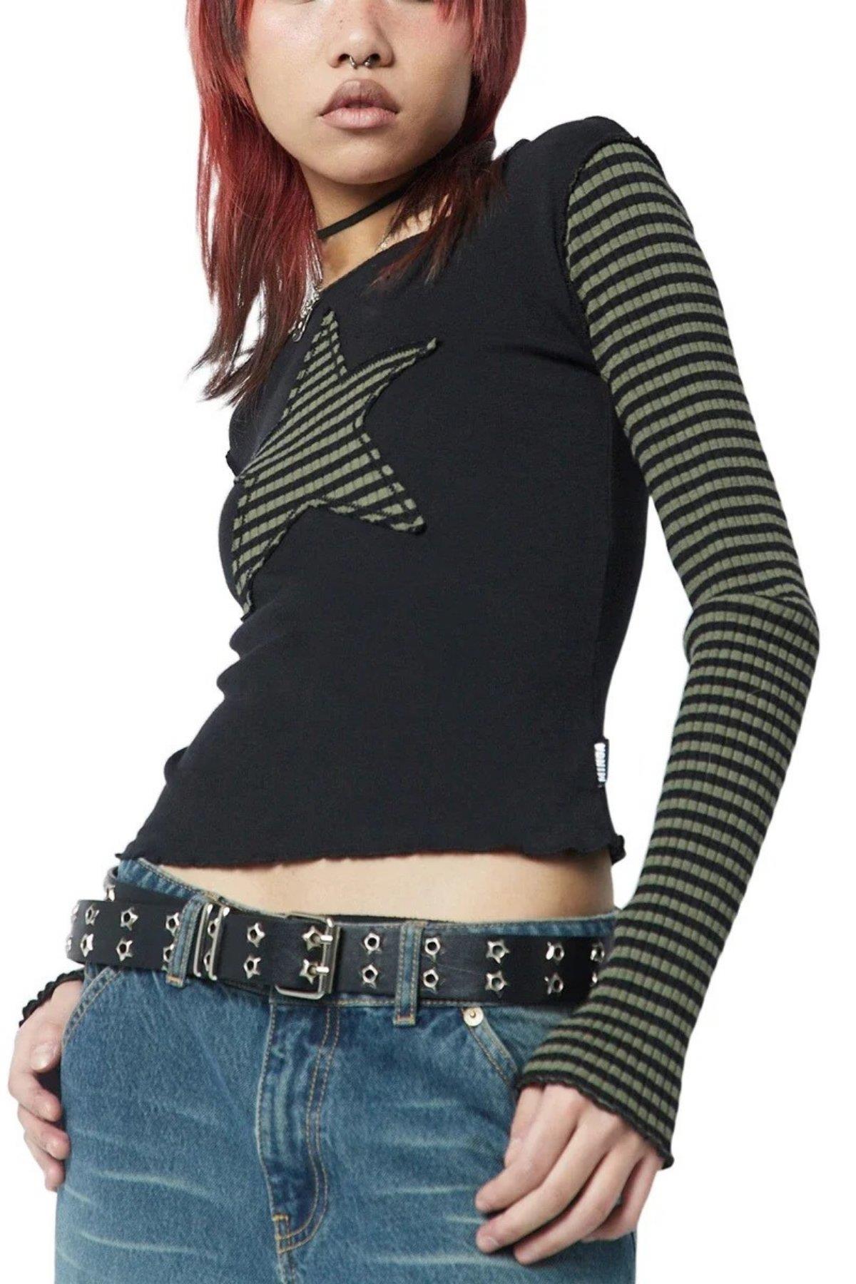 Siyah Raglan Haki Star Uzun Kollu Crop
