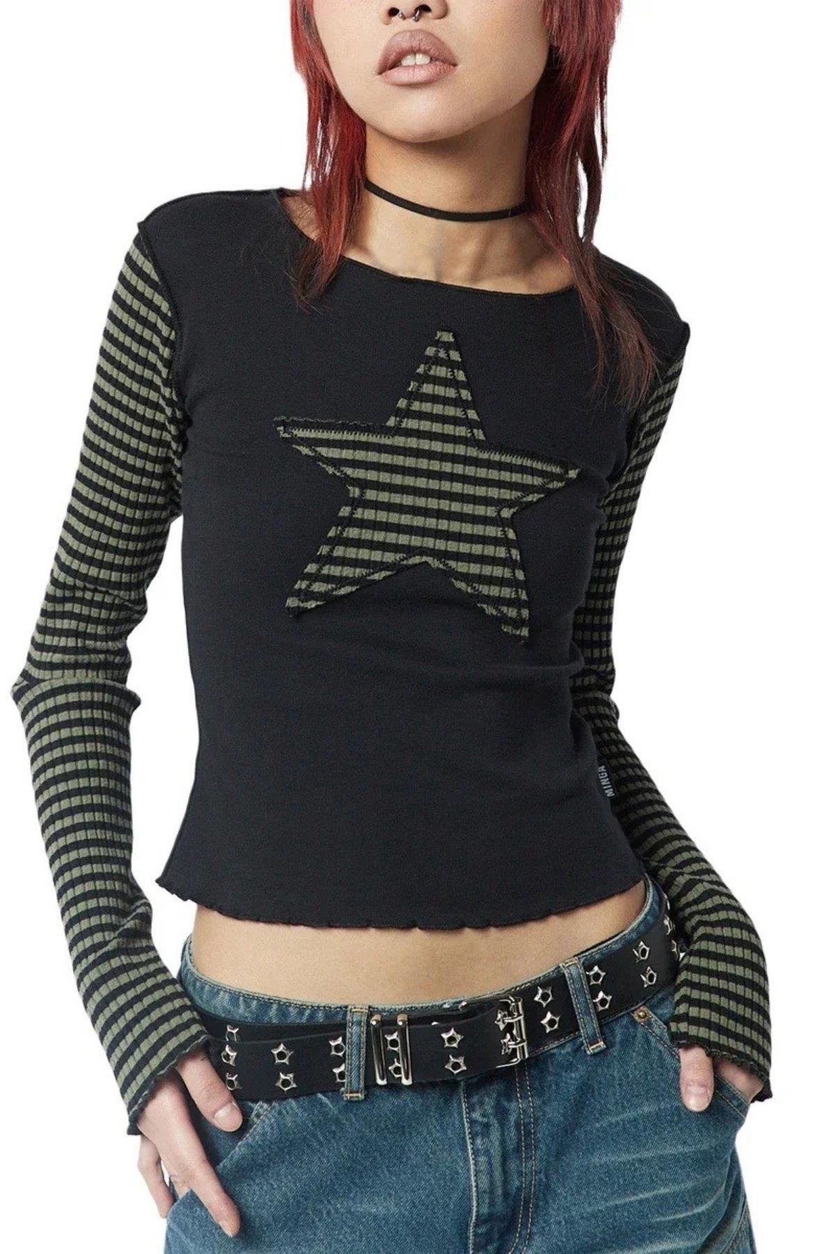 Siyah Raglan Haki Star Uzun Kollu Crop