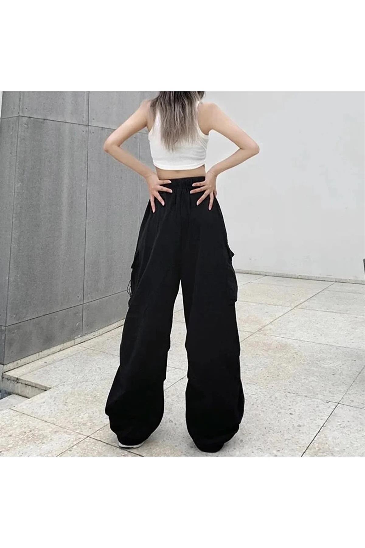 Siyah Renkli Tactical Kargo Cepli Lastikli Bol Kalıp Baggy Oversize Pantolon 